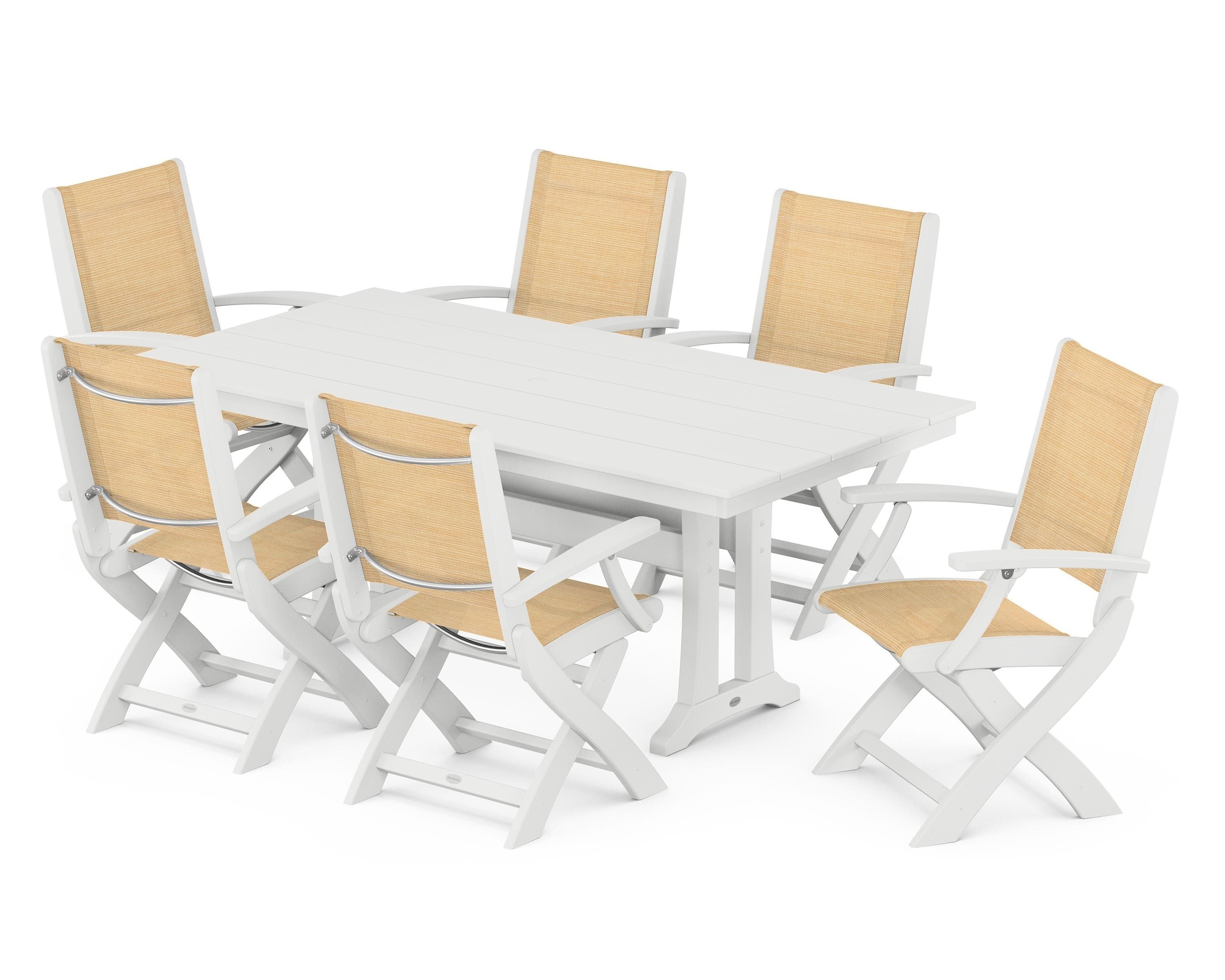 POLYWOOD Coastal Folding Arm Chair 7-Piece Farmhouse Dining Set with Trestle Legs in White / Dupioni Apricot Sling