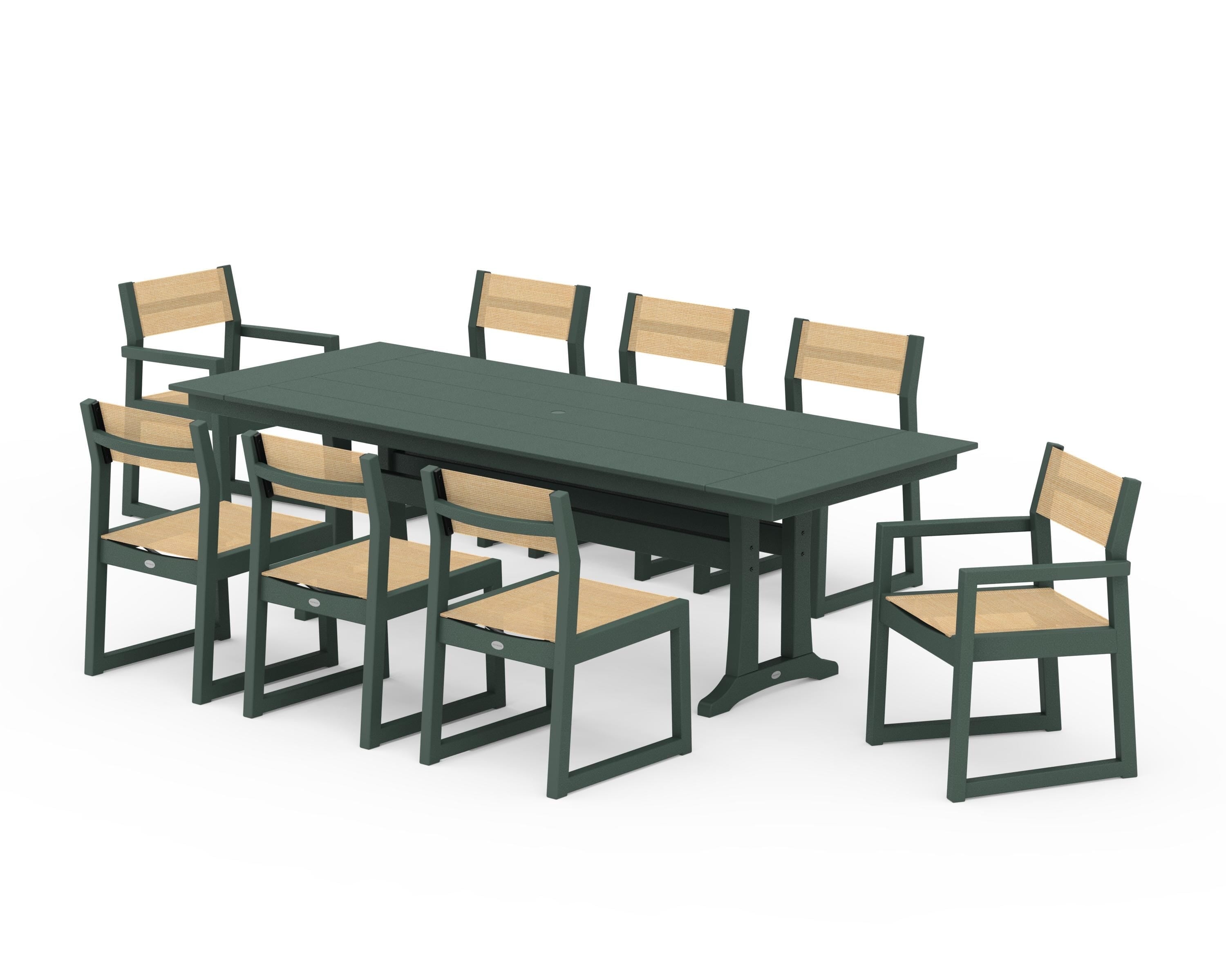 POLYWOOD EDGE Sling 9-Piece Farmhouse Trestle Dining Set in Green / Dupioni Apricot Sling