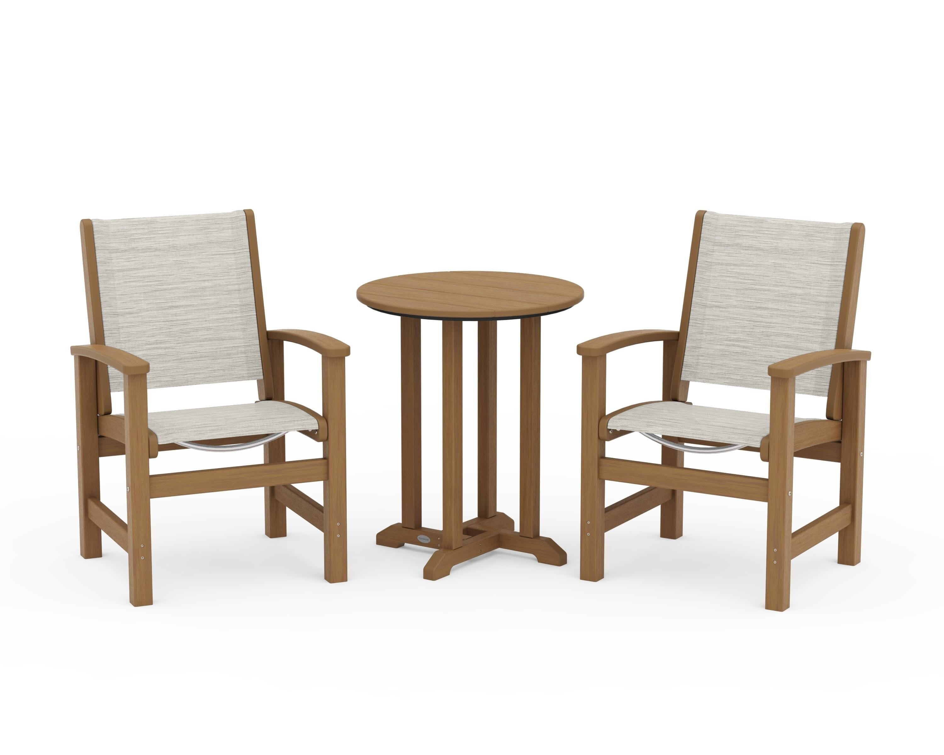 POLYWOOD Coastal 3-Piece Round Bistro Dining Set in Natural / Birch Sling