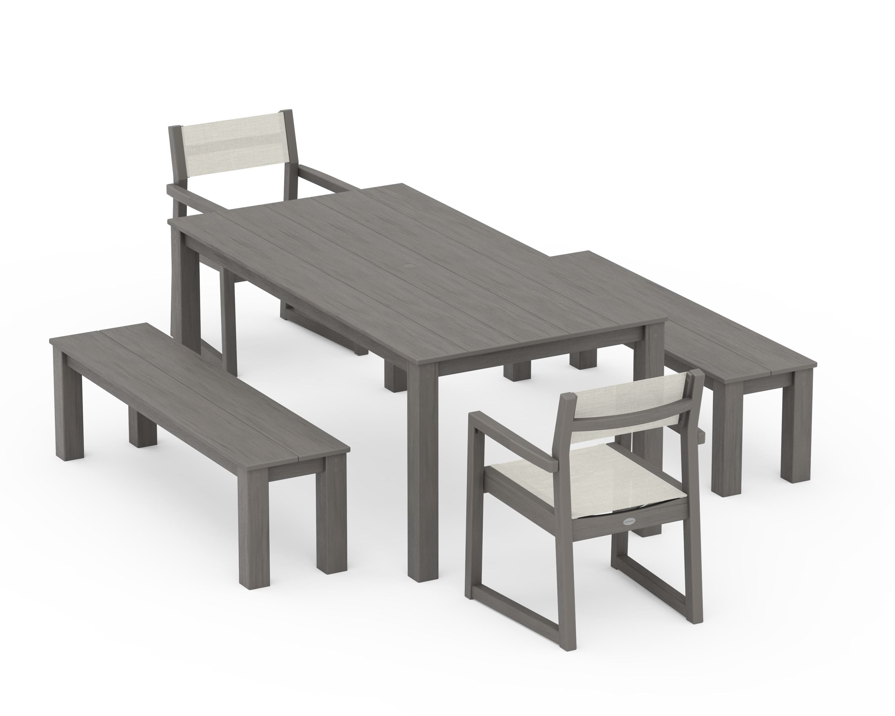 POLYWOOD EDGE Sling Arm Chair 5-Piece Parsons Dining Set with Benches in Driftwood / Parchment Sling