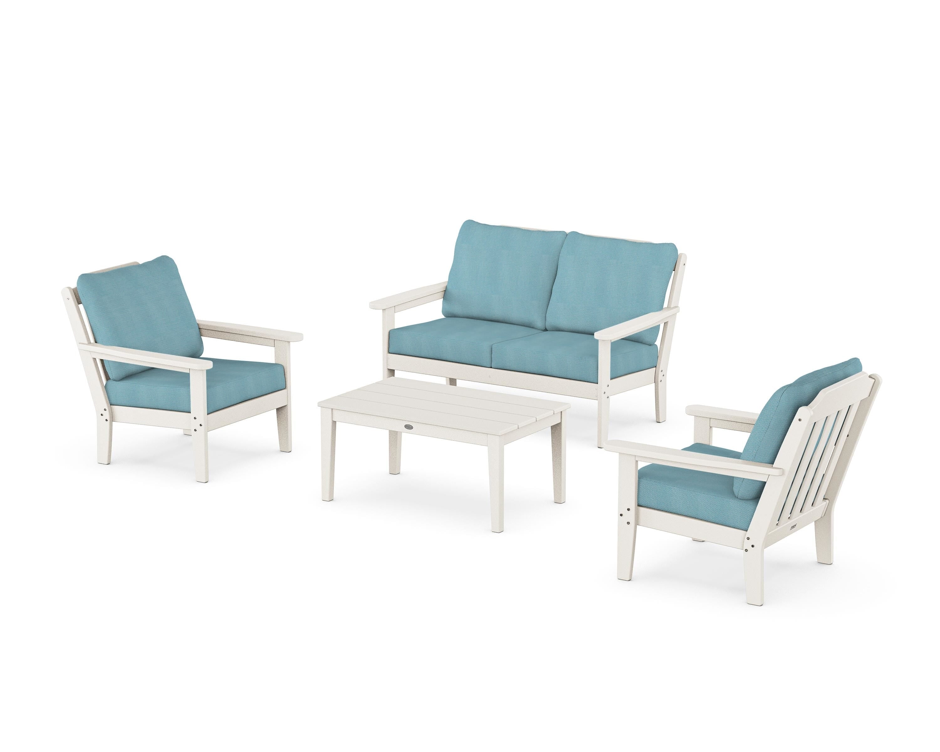 Country Living Cottage 4-Piece Deep Seating Set with Loveseat in Sand / Lattice Sky Blue