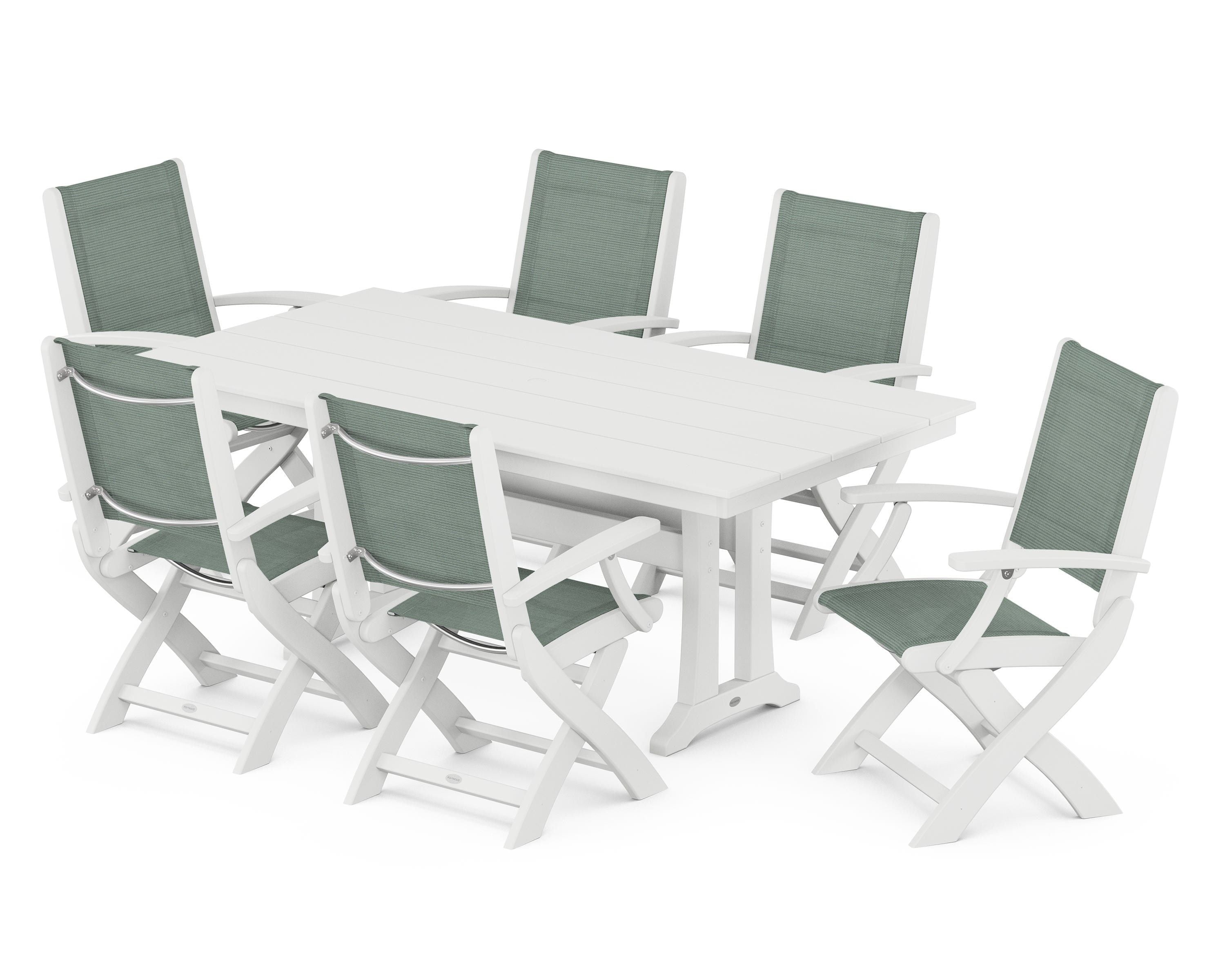 POLYWOOD Coastal Folding Arm Chair 7-Piece Farmhouse Dining Set with Trestle Legs in White / Dupioni Sea Mist Sling