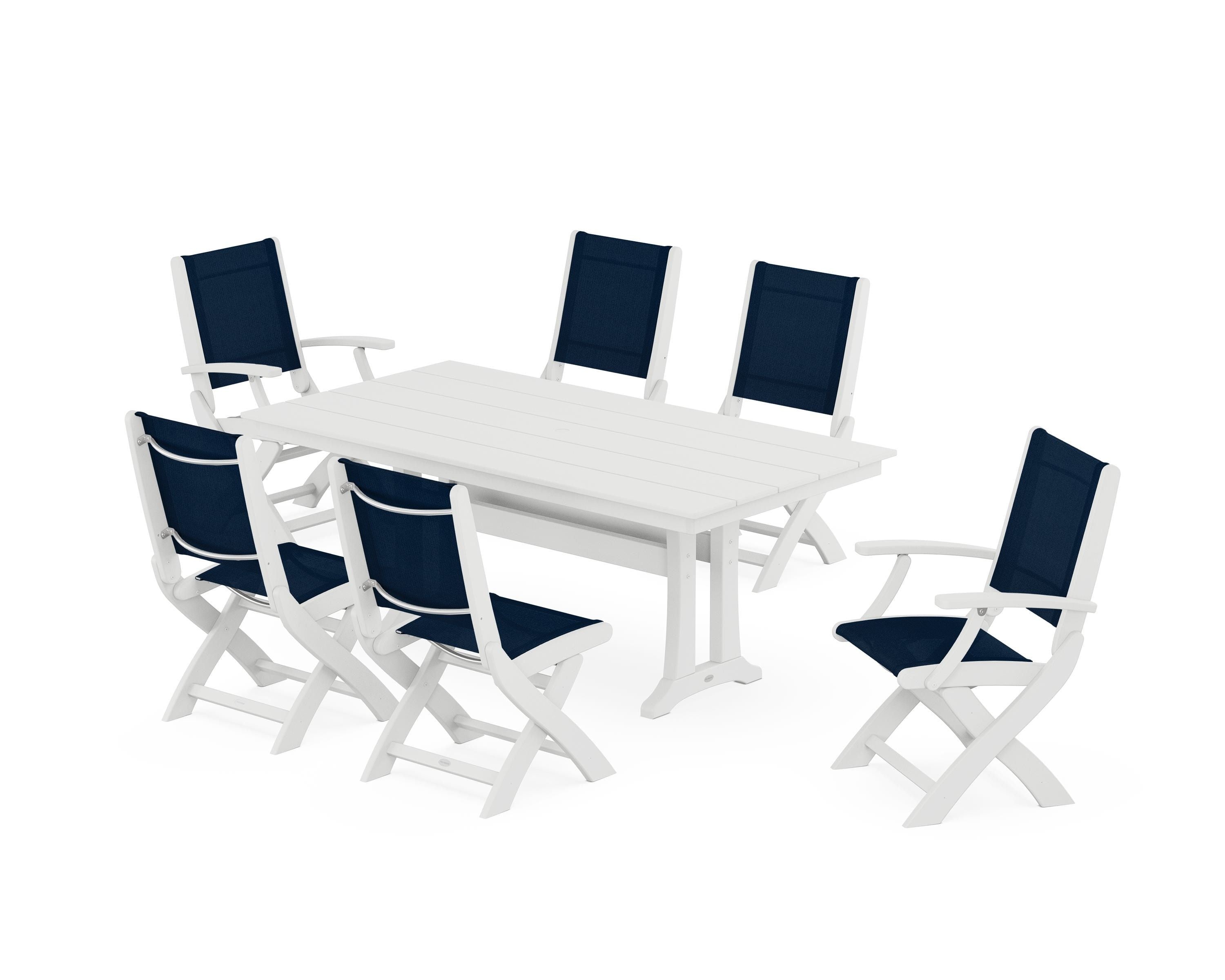 POLYWOOD Coastal Folding Chair 7-Piece Farmhouse Dining Set with Trestle Legs in White / Navy Blue Sling