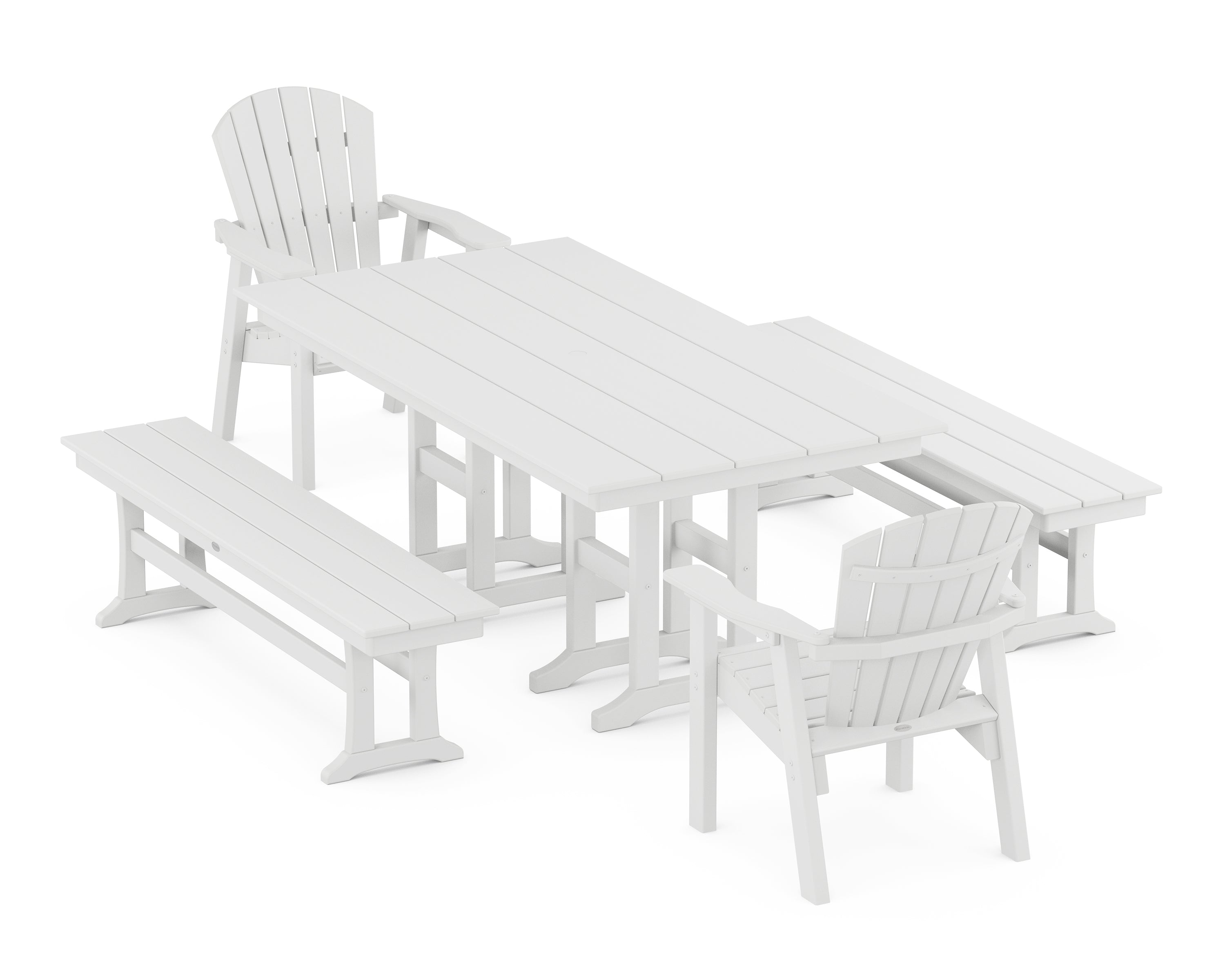 POLYWOOD® Seashell 5-Piece Farmhouse Dining Set with Benches in White