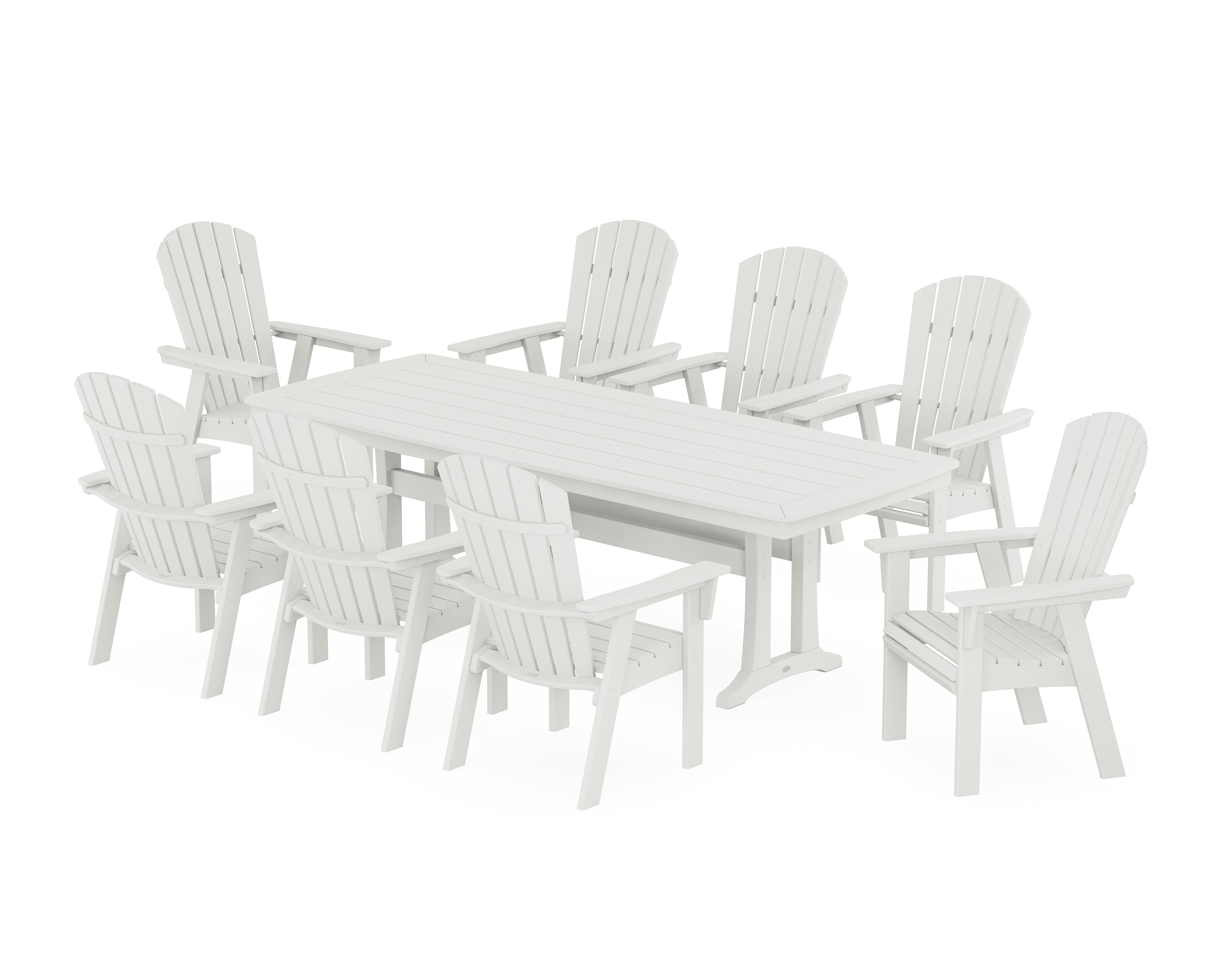 POLYWOOD® Nautical Curveback Adirondack 9-Piece Dining Set with Trestle Legs in Vintage White