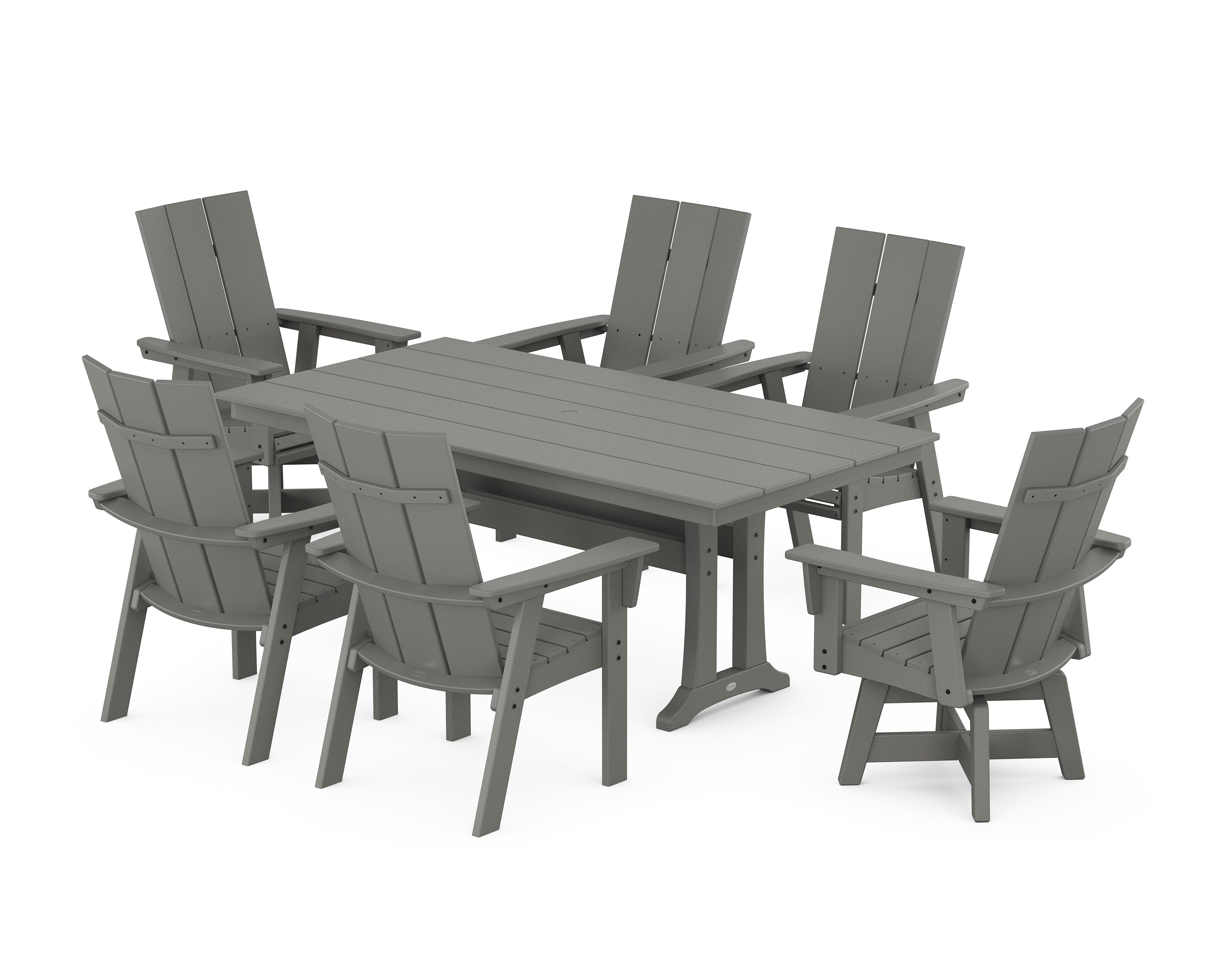 POLYWOOD® Modern Curveback Adirondack Swivel Chair 7-Piece Farmhouse Dining Set With Trestle Legs in Slate Grey