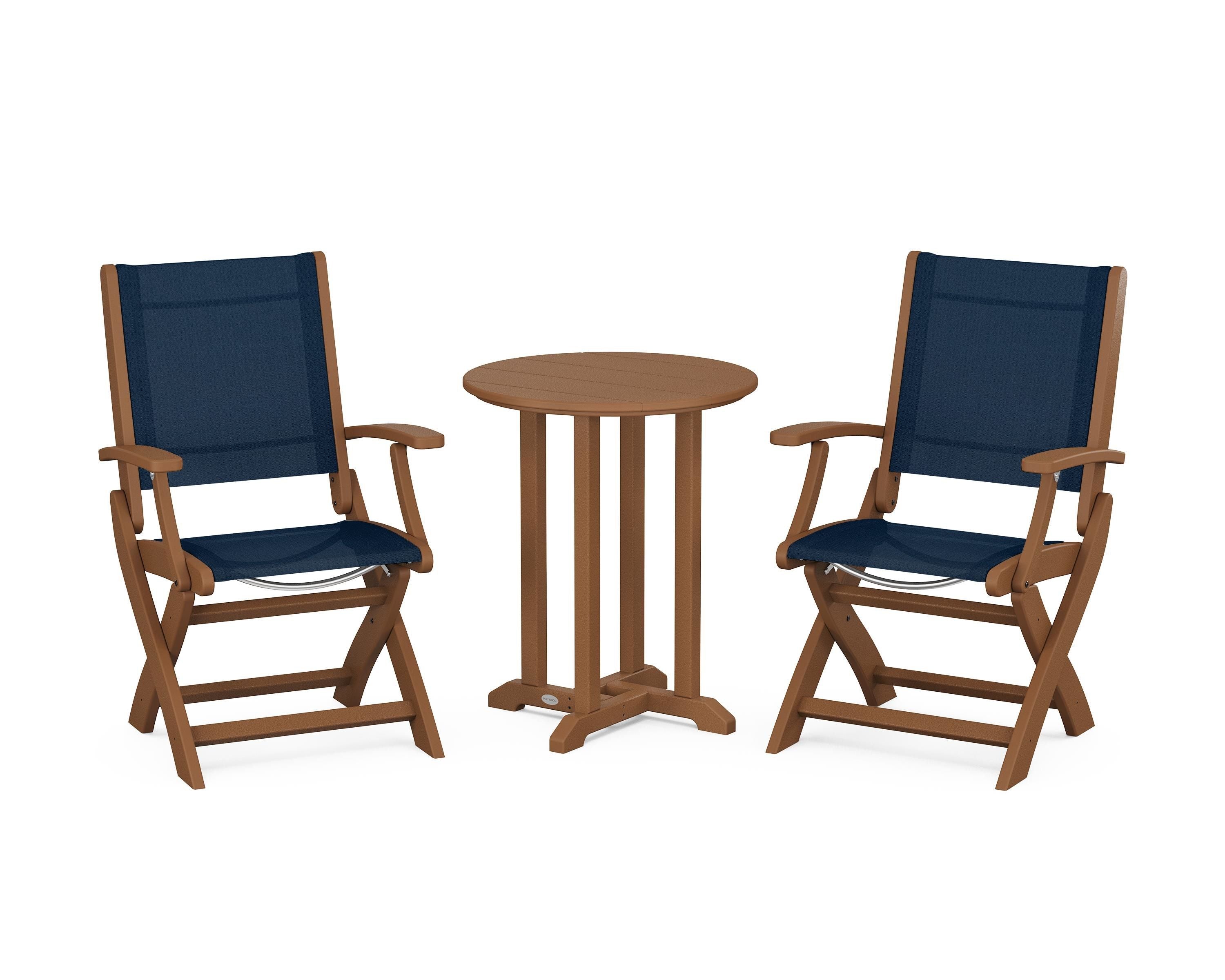 POLYWOOD Coastal Folding 3-Piece Round Bistro Dining Set in Teak / Navy Blue Sling