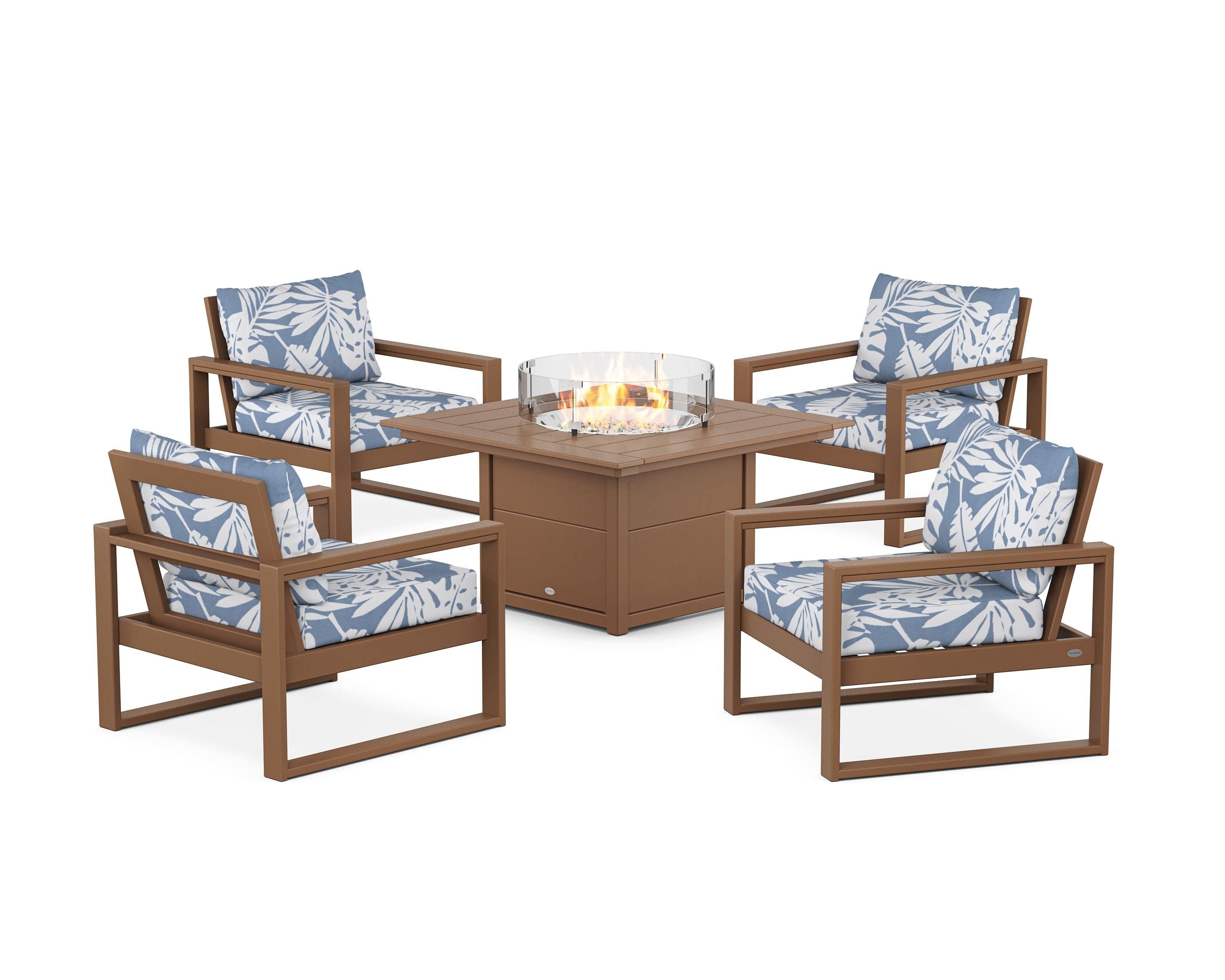 POLYWOOD EDGE Sectional 5-Piece Deep Seating Set with Fire Pit Table in Teak / Leaf Sky Blue