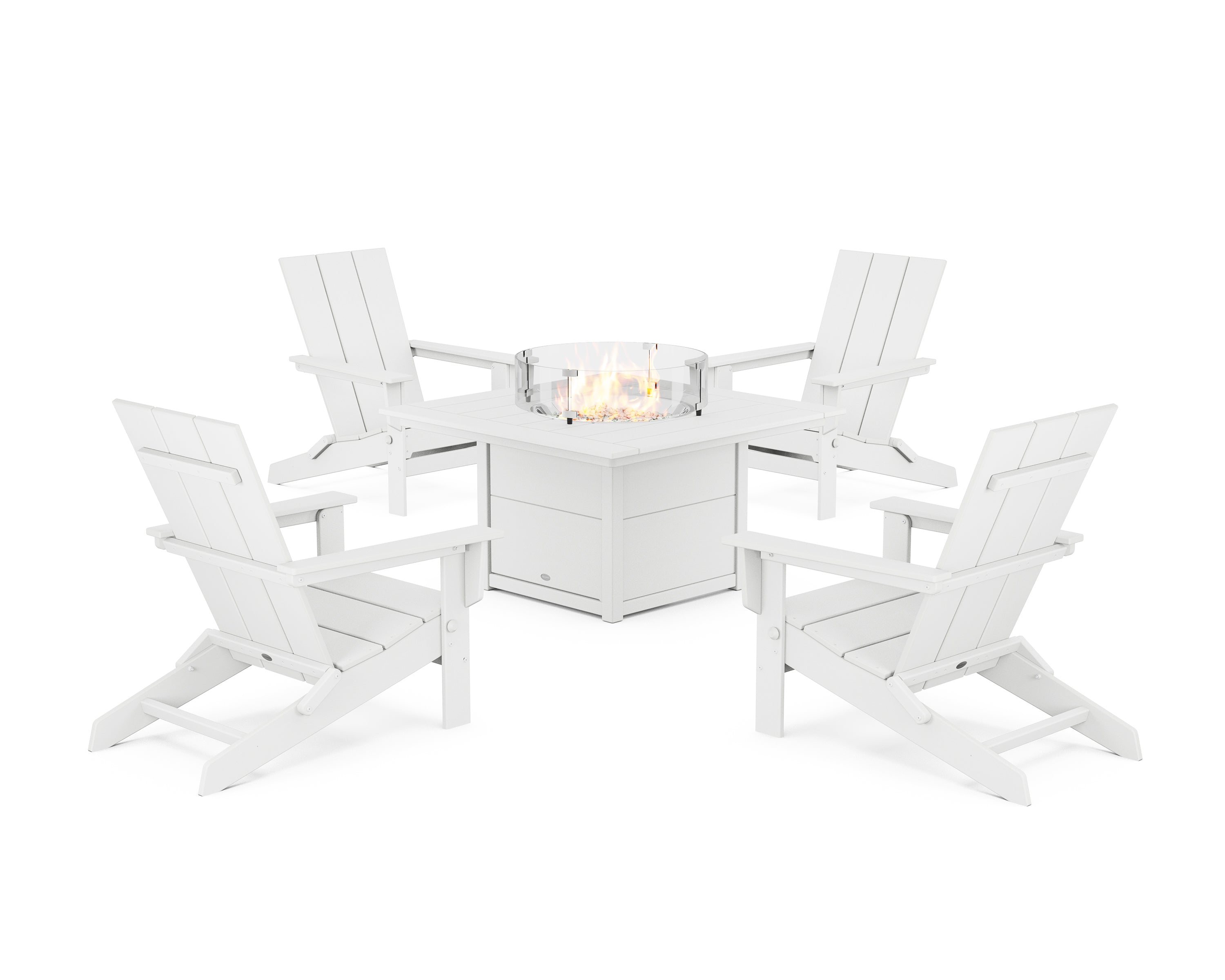 POLYWOOD® 5-Piece Modern Studio Folding Adirondack Conversation Set with Fire Pit Table in White