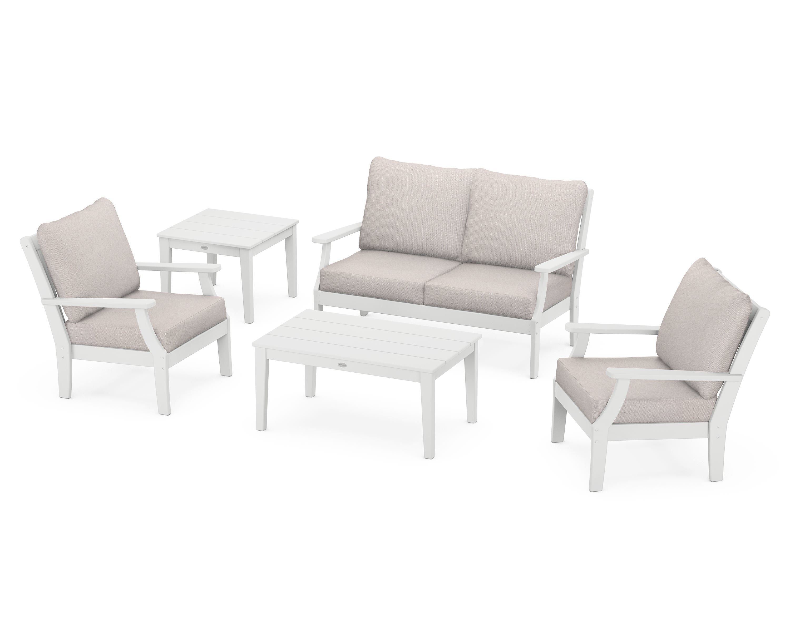 POLYWOOD Braxton 5-Piece Deep Seating Set in White / Dune Burlap