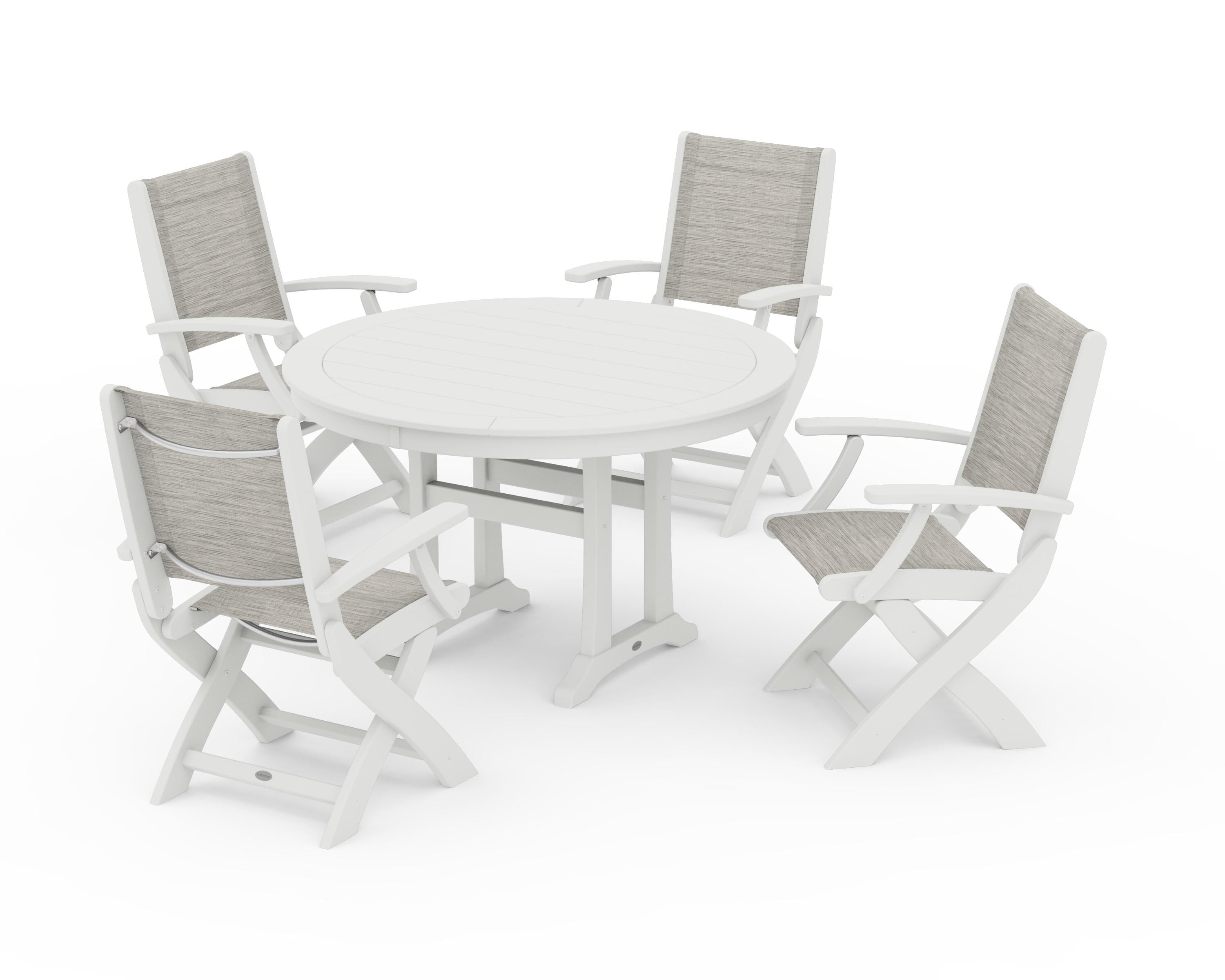 POLYWOOD Coastal Folding Chair 5-Piece Round Dining Set with Trestle Legs in Vintage White / Birch Sling