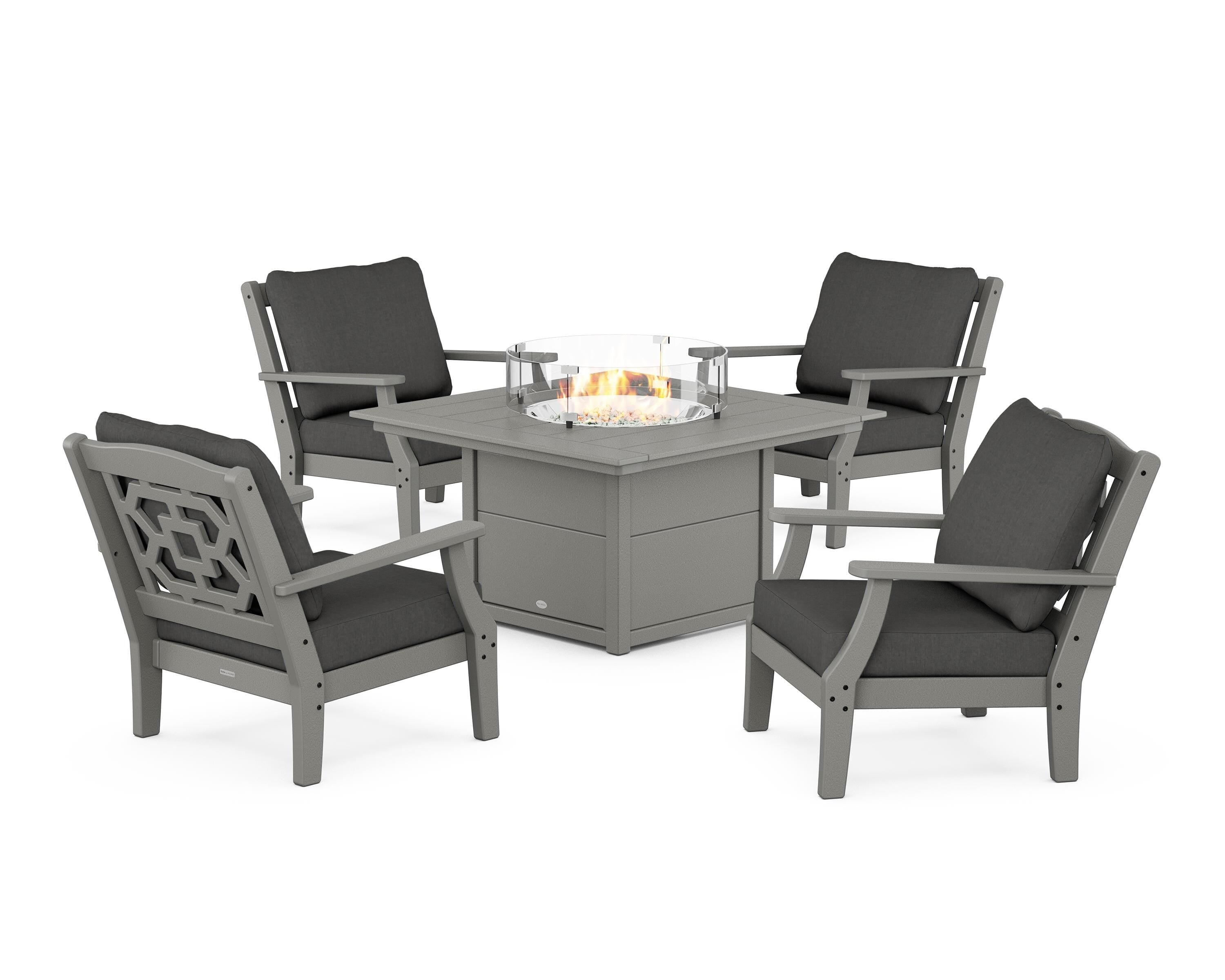 Martha Stewart by POLYWOOD Chinoiserie 5-Piece Deep Seating Set with Fire Pit Table in Slate Grey / Spectrum Carbon