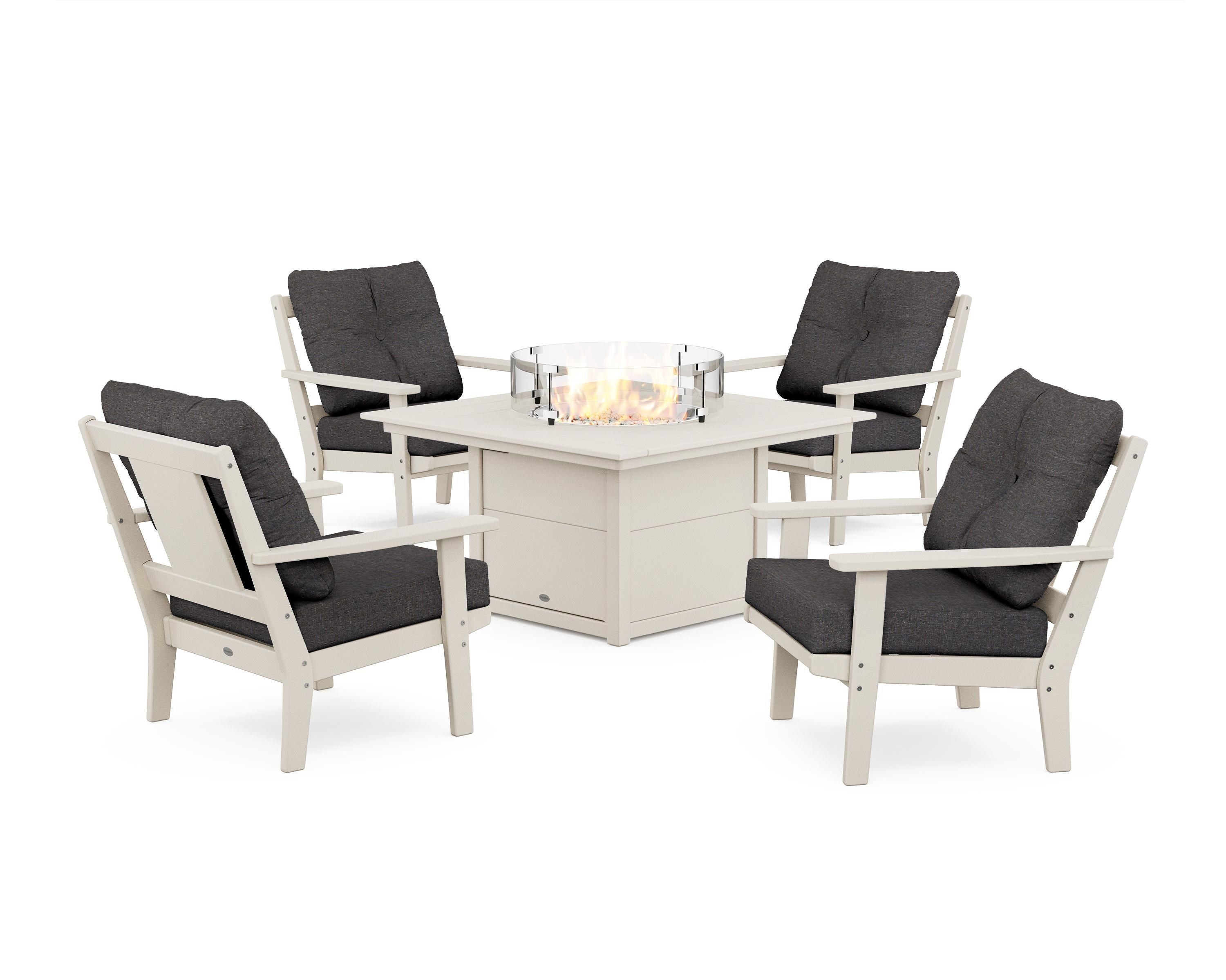 POLYWOOD Prairie 5-Piece Deep Seating Set with Fire Pit Table in Sand / Ash Charcoal