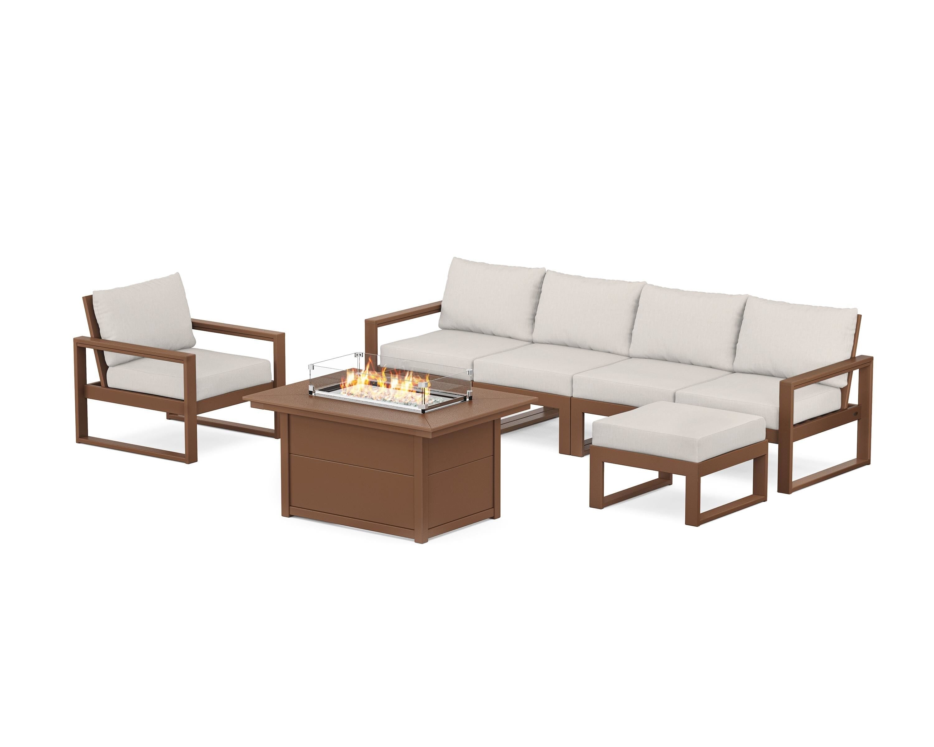 POLYWOOD EDGE Sectional Lounge and Fire Pit Set in Teak / Cast Ash