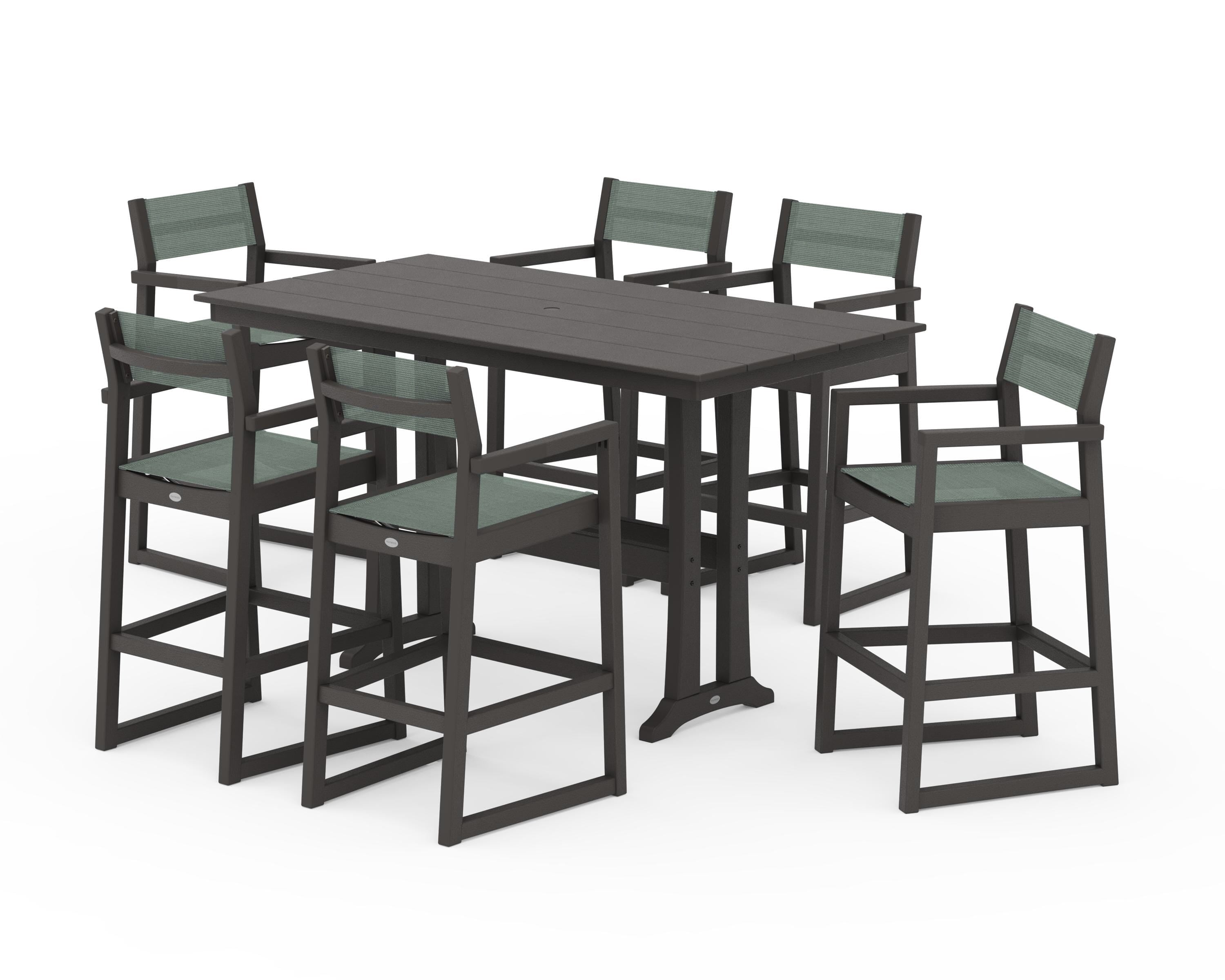 POLYWOOD EDGE Sling Arm Chair 7-Piece Farmhouse Bar Set with Trestle Legs in Vintage Coffee / Dupioni Sea Mist Sling