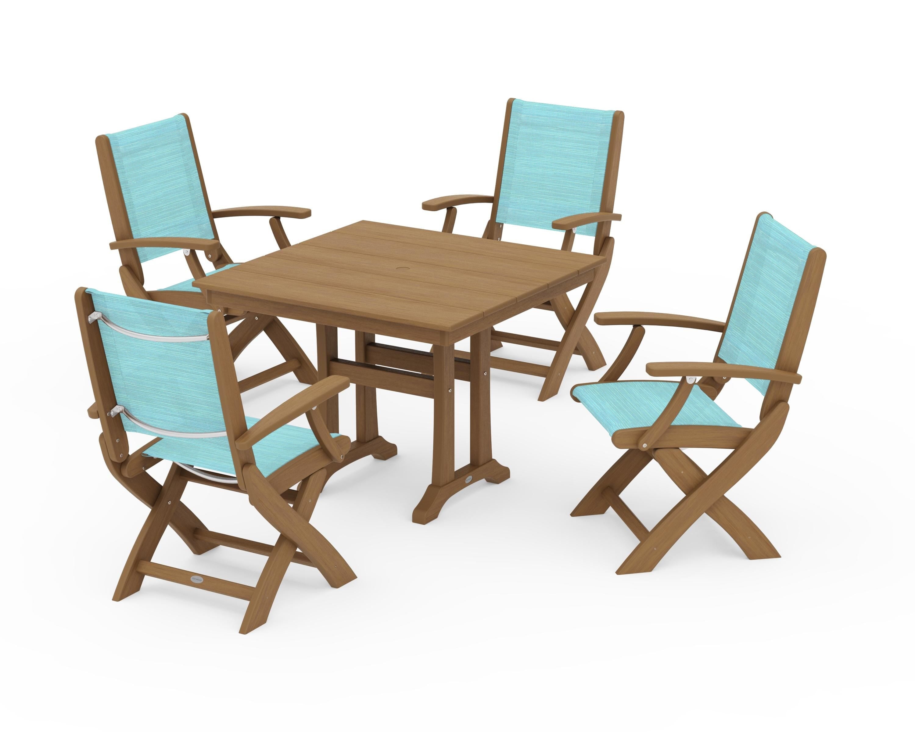 POLYWOOD Coastal Folding Chair 5-Piece Farmhouse Dining Set With Trestle Legs in Natural / Dupioni Aquamarine Sling