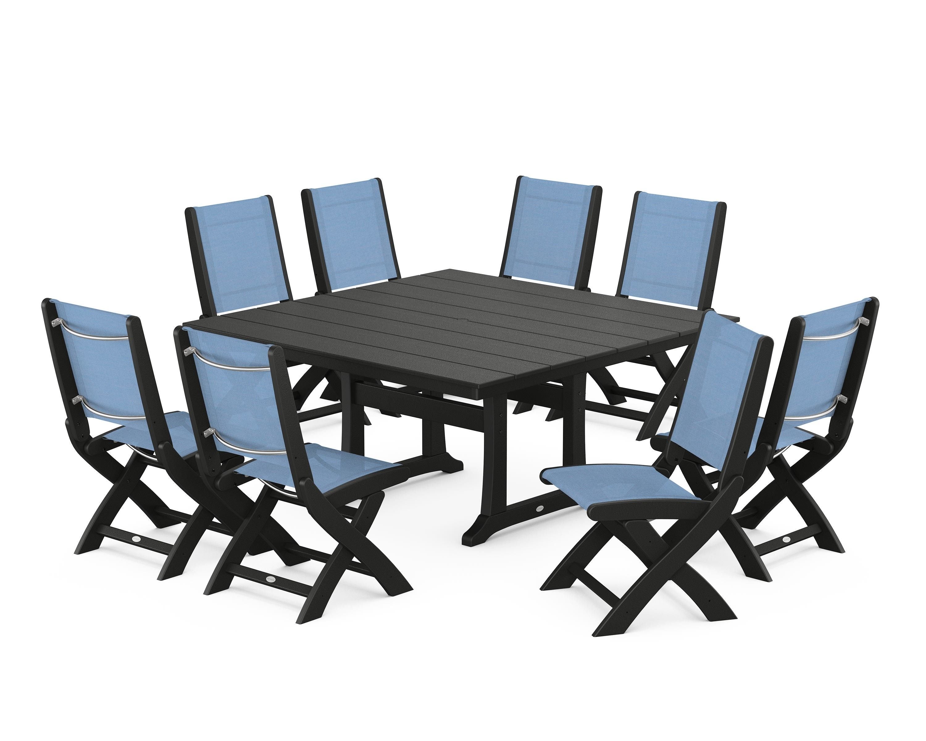 POLYWOOD Coastal Folding Side Chair 9-Piece Farmhouse Dining Set in Black / Poolside Sling