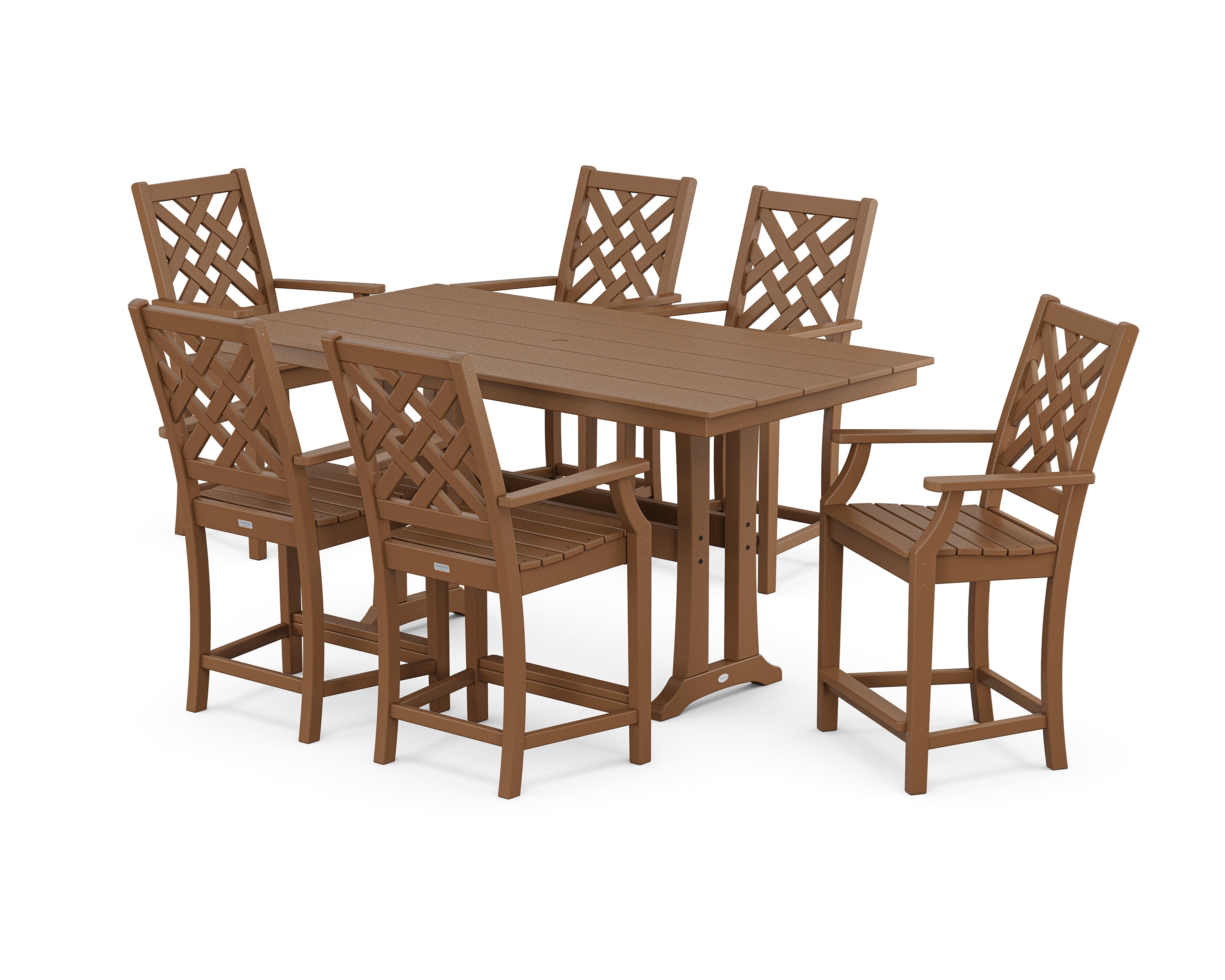 Country Living Wovendale Arm Chair 7-Piece Farmhouse Counter Set with Trestle Legs in Teak