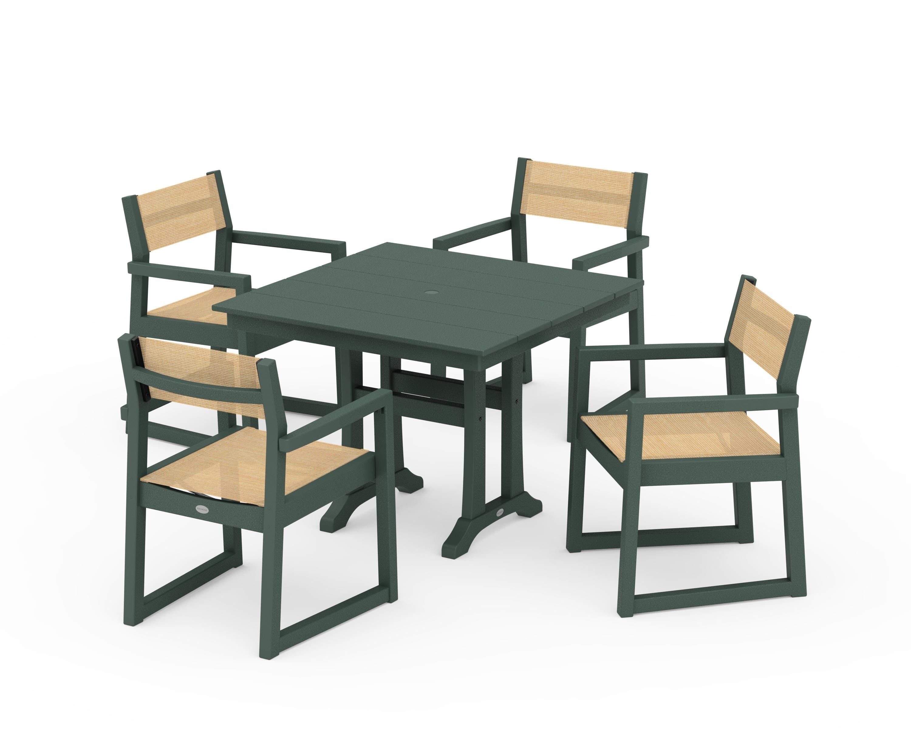 POLYWOOD EDGE Sling 5-Piece Farmhouse Dining Set with Trestle Legs in Green / Dupioni Apricot Sling