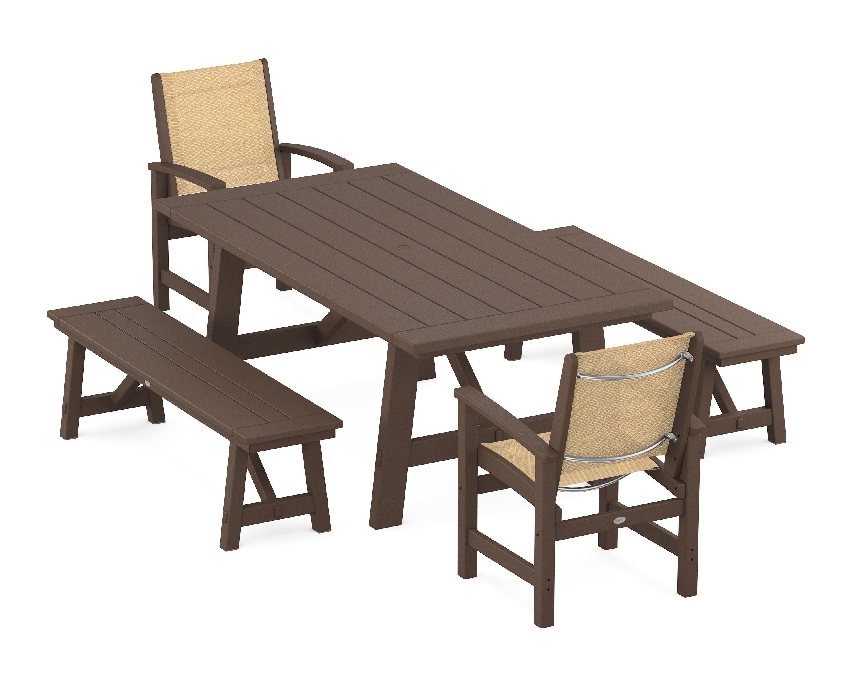 POLYWOOD Coastal 5-Piece Rustic Farmhouse Dining Set With Benches in Mahogany / Dupioni Apricot Sling