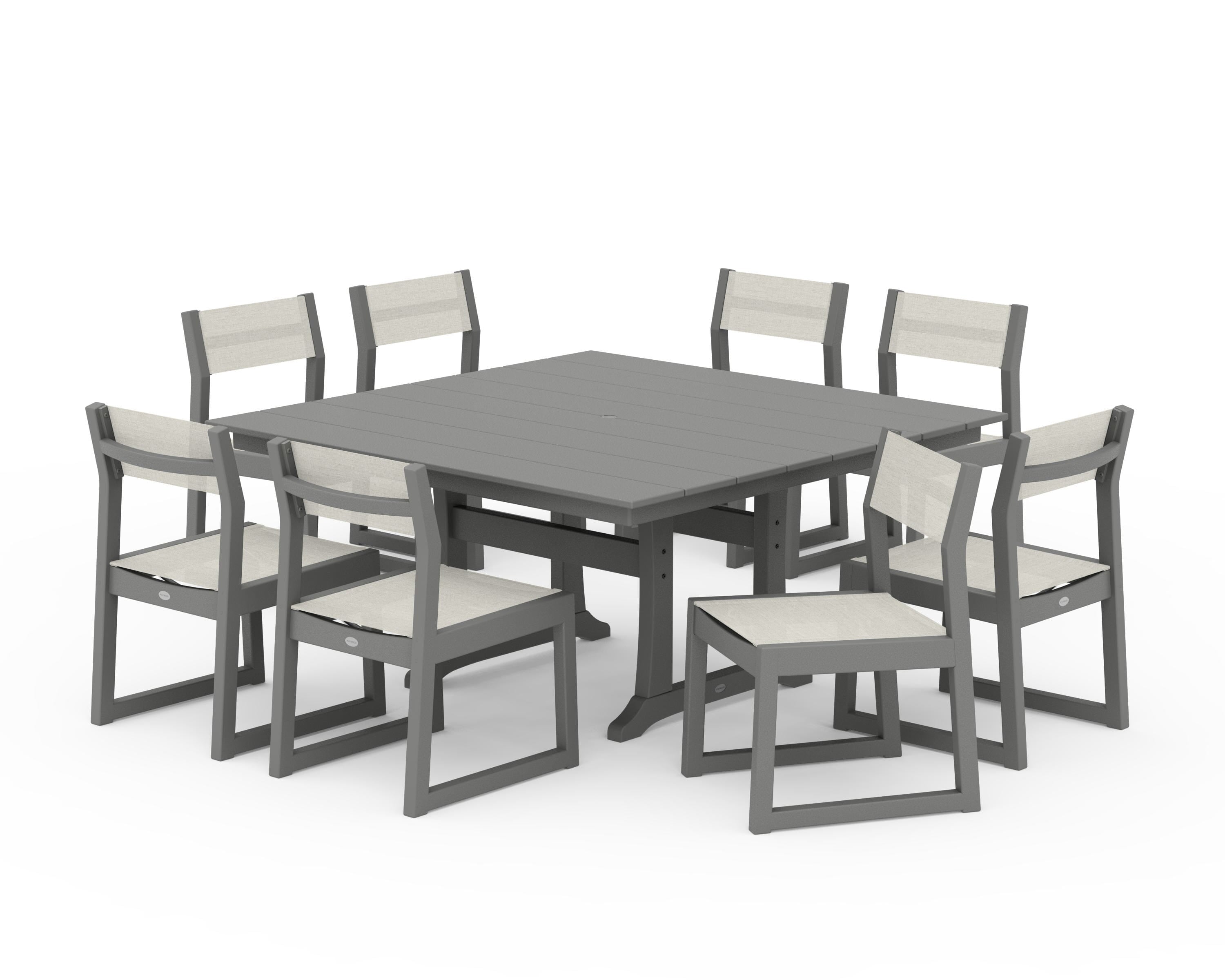 POLYWOOD EDGE Sling Side Chair 9-Piece Farmhouse Trestle Dining Set in Slate Grey / Parchment Sling