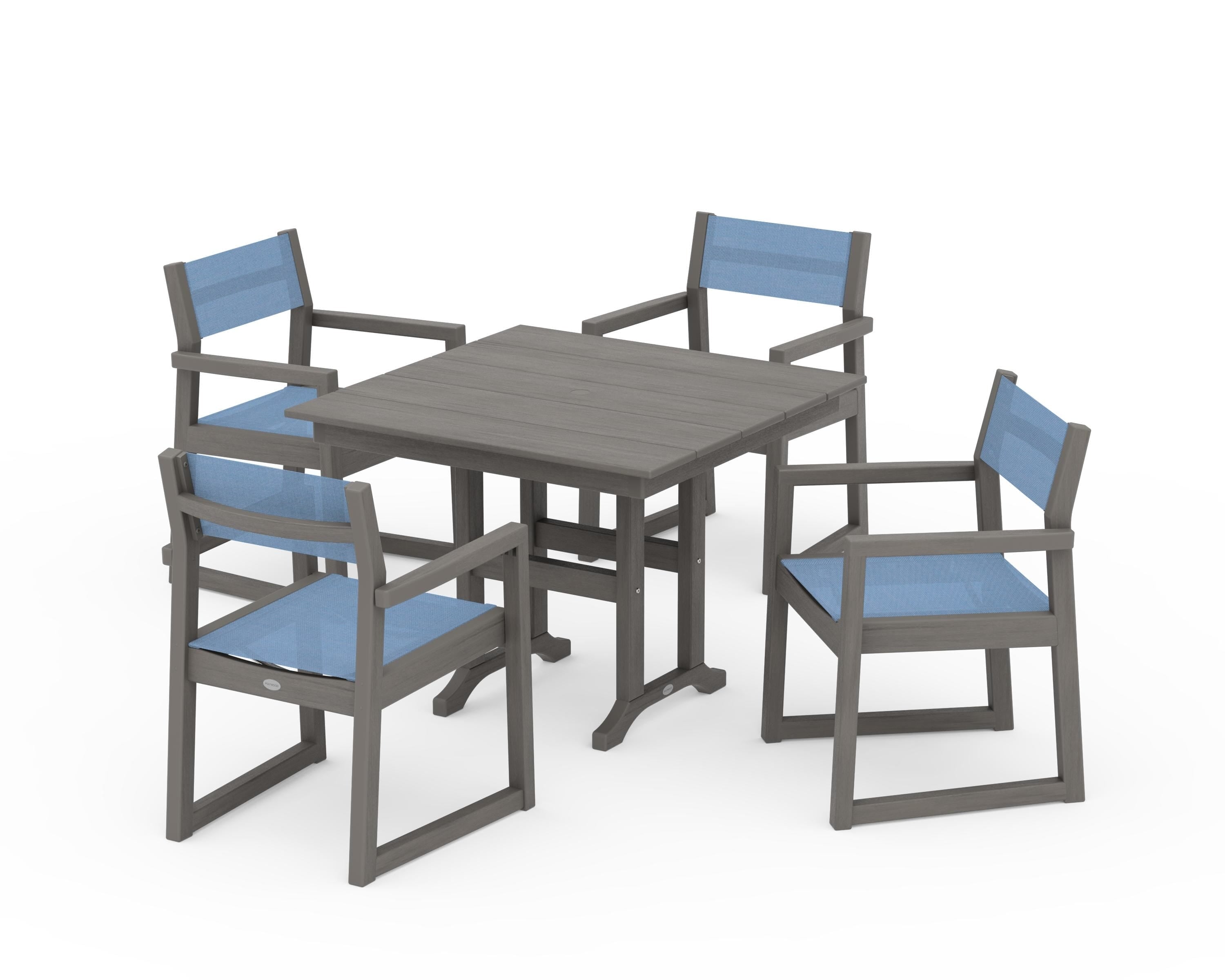 POLYWOOD EDGE Sling Arm Chair 5-Piece Farmhouse Dining Set in Driftwood / Poolside Sling