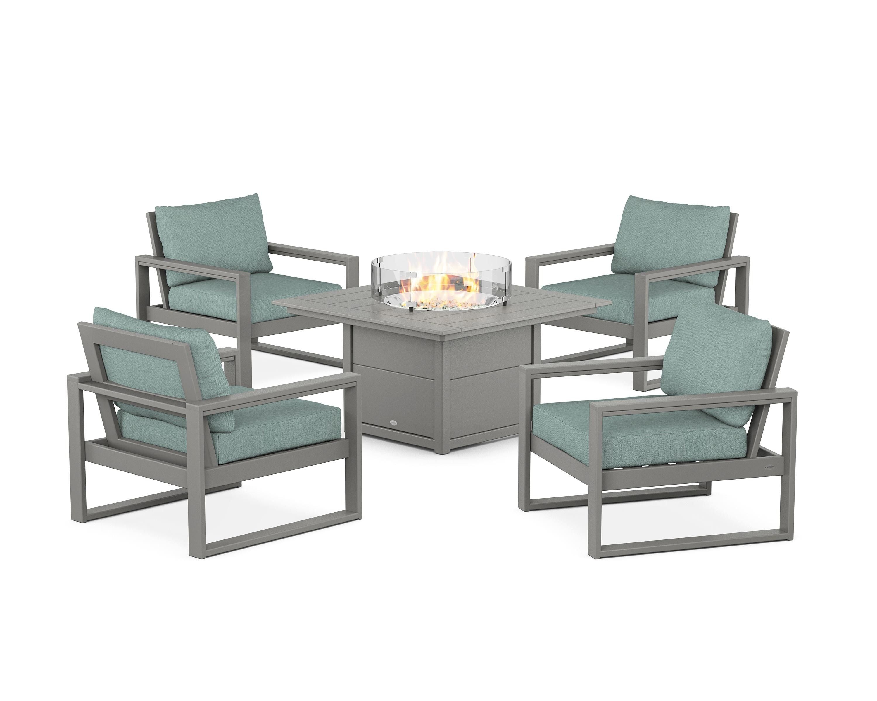 POLYWOOD EDGE Sectional 5-Piece Deep Seating Set with Fire Pit Table in Slate Grey / Glacier Spa