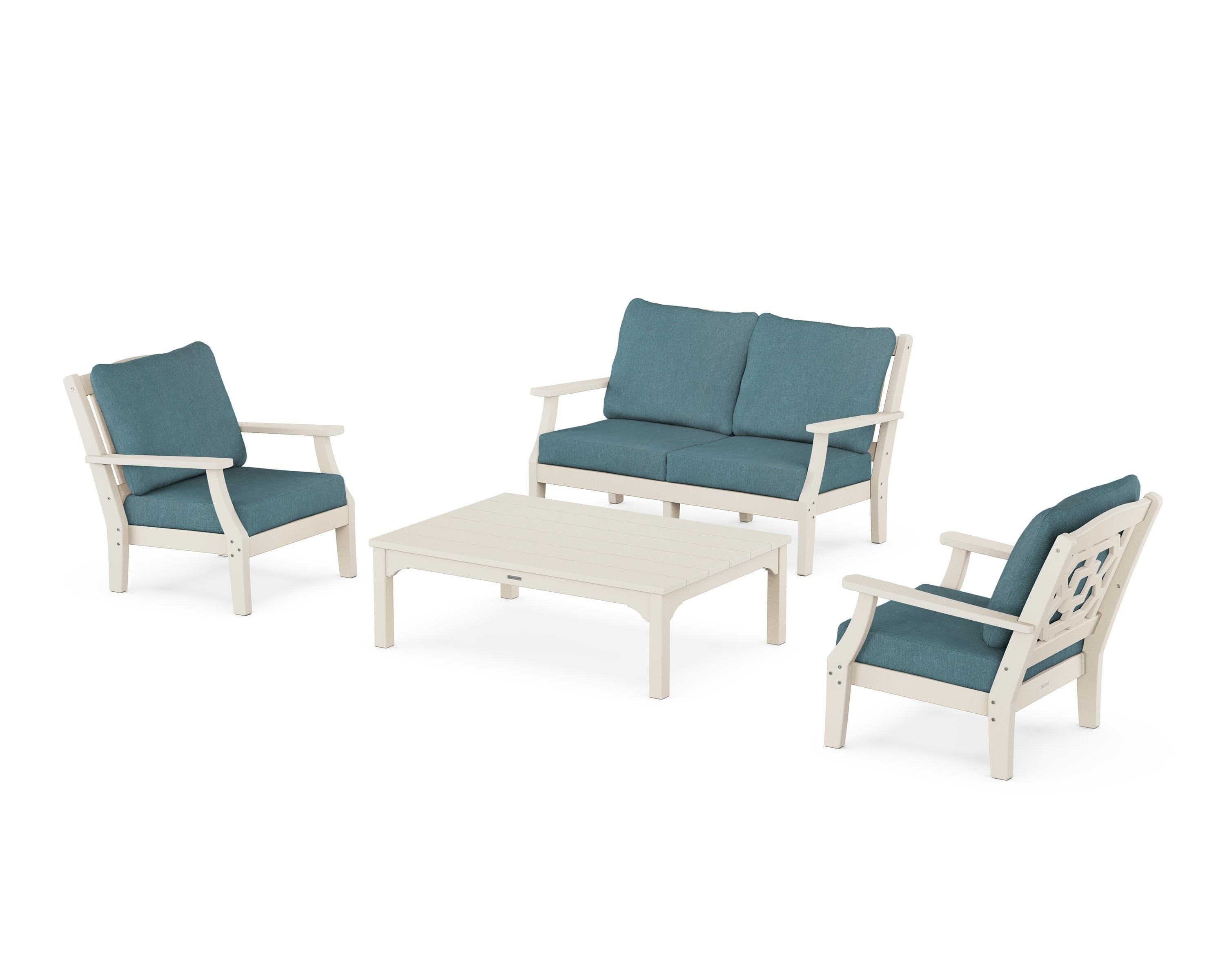 Martha Stewart by POLYWOOD Chinoiserie 4-Piece Deep Seating Set with Loveseat in Sand / Ocean Teal