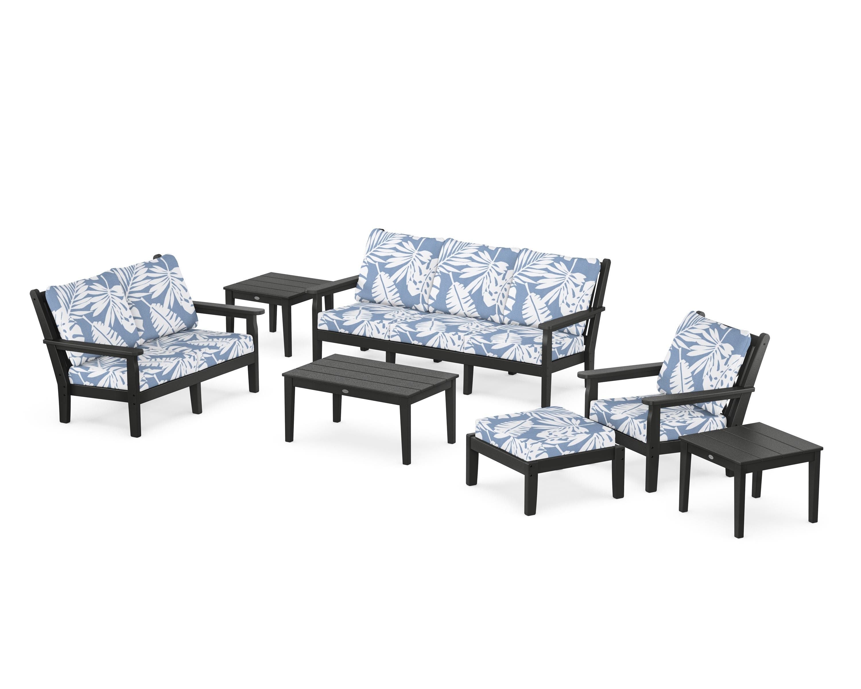 POLYWOOD Chippendale 7-Piece Deep Seating Set in Black / Leaf Sky Blue
