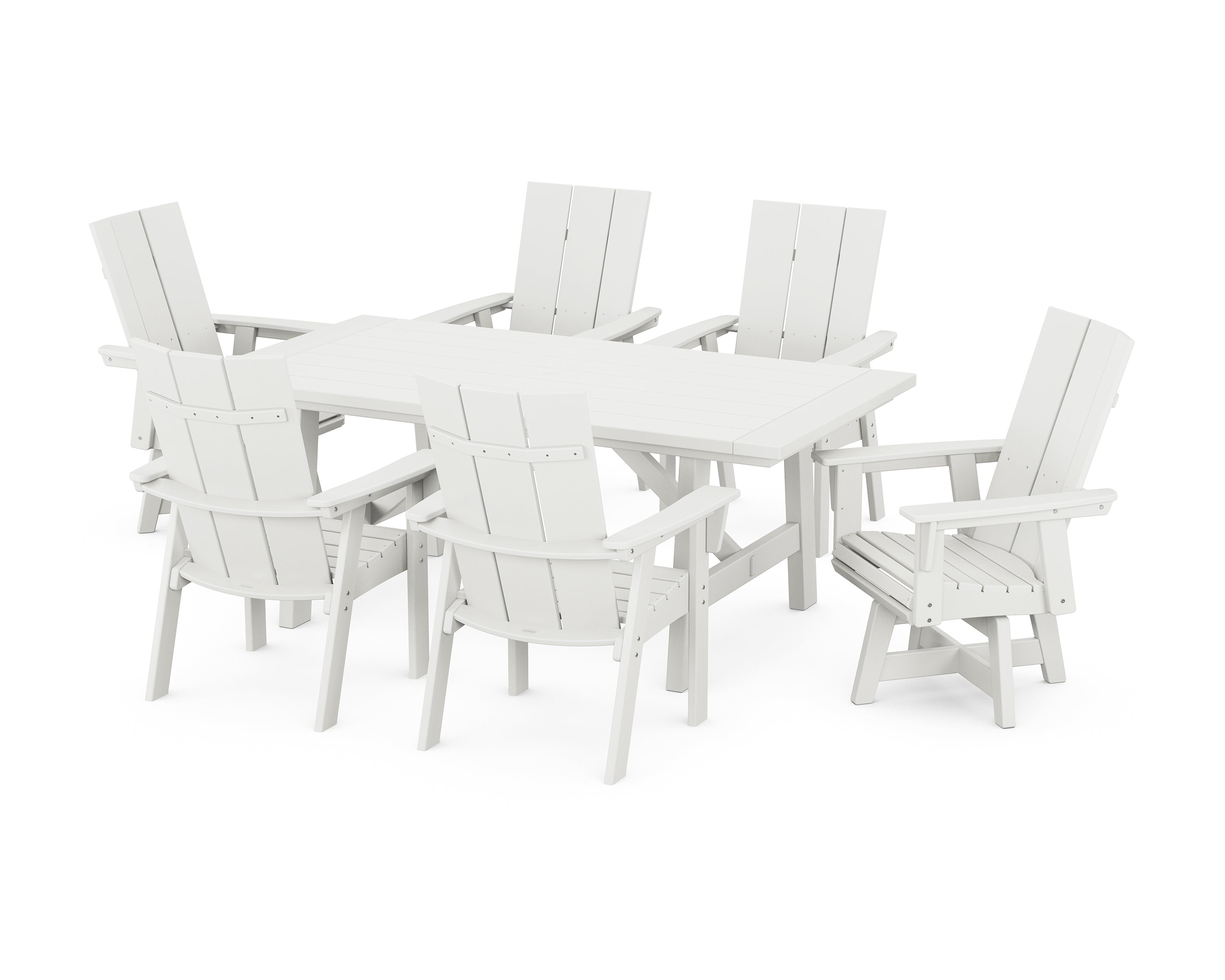 POLYWOOD® Modern Curveback Adirondack 7-Piece Rustic Farmhouse Swivel Dining Set in Vintage White