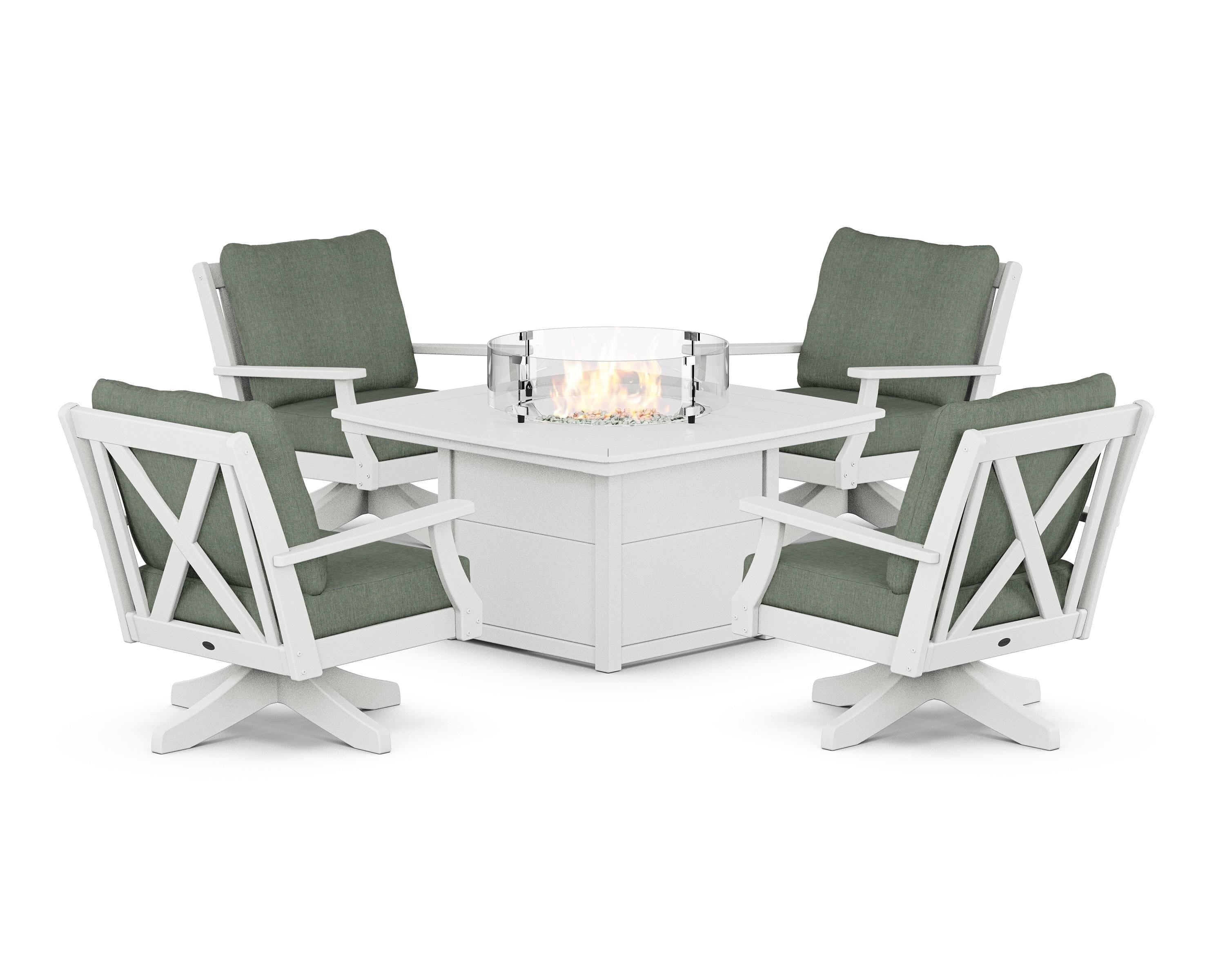 POLYWOOD Braxton 5-Piece Deep Seating Swivel Conversation Set with Fire Pit Table in White / Cast Sage