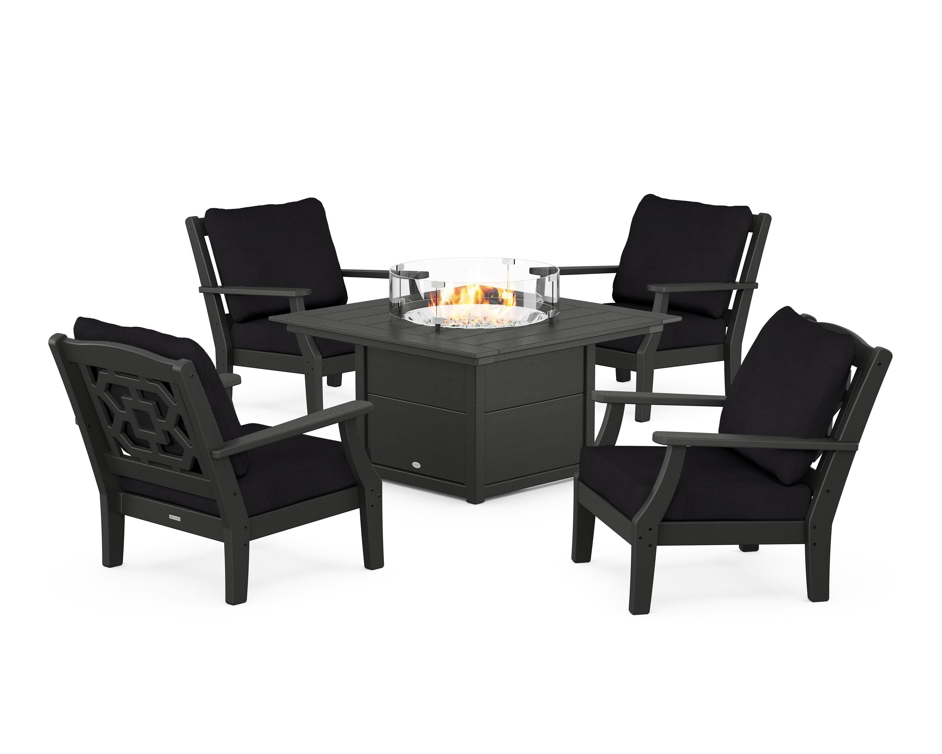 Martha Stewart by POLYWOOD Chinoiserie 5-Piece Deep Seating Set with Fire Pit Table in Black / Midnight Linen