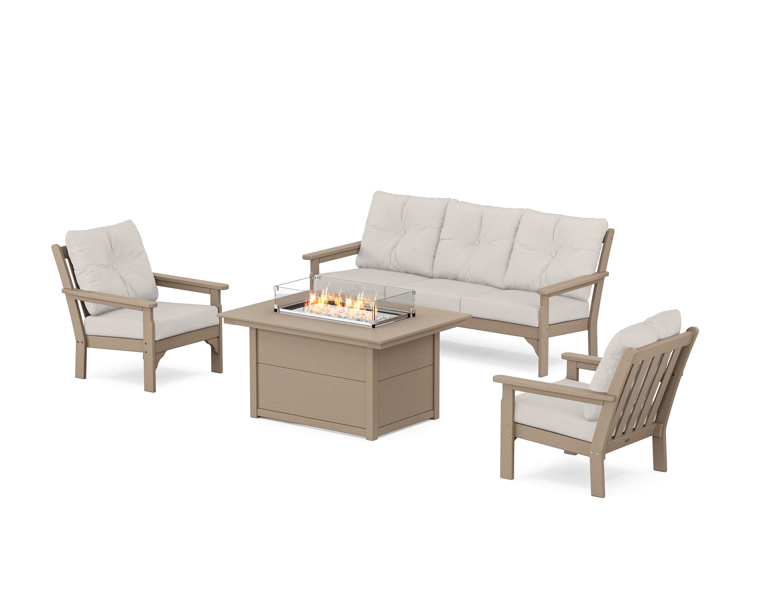 POLYWOOD Vineyard Deep Seating Fire Pit Table Set in Vintage Sahara / Cast Ash