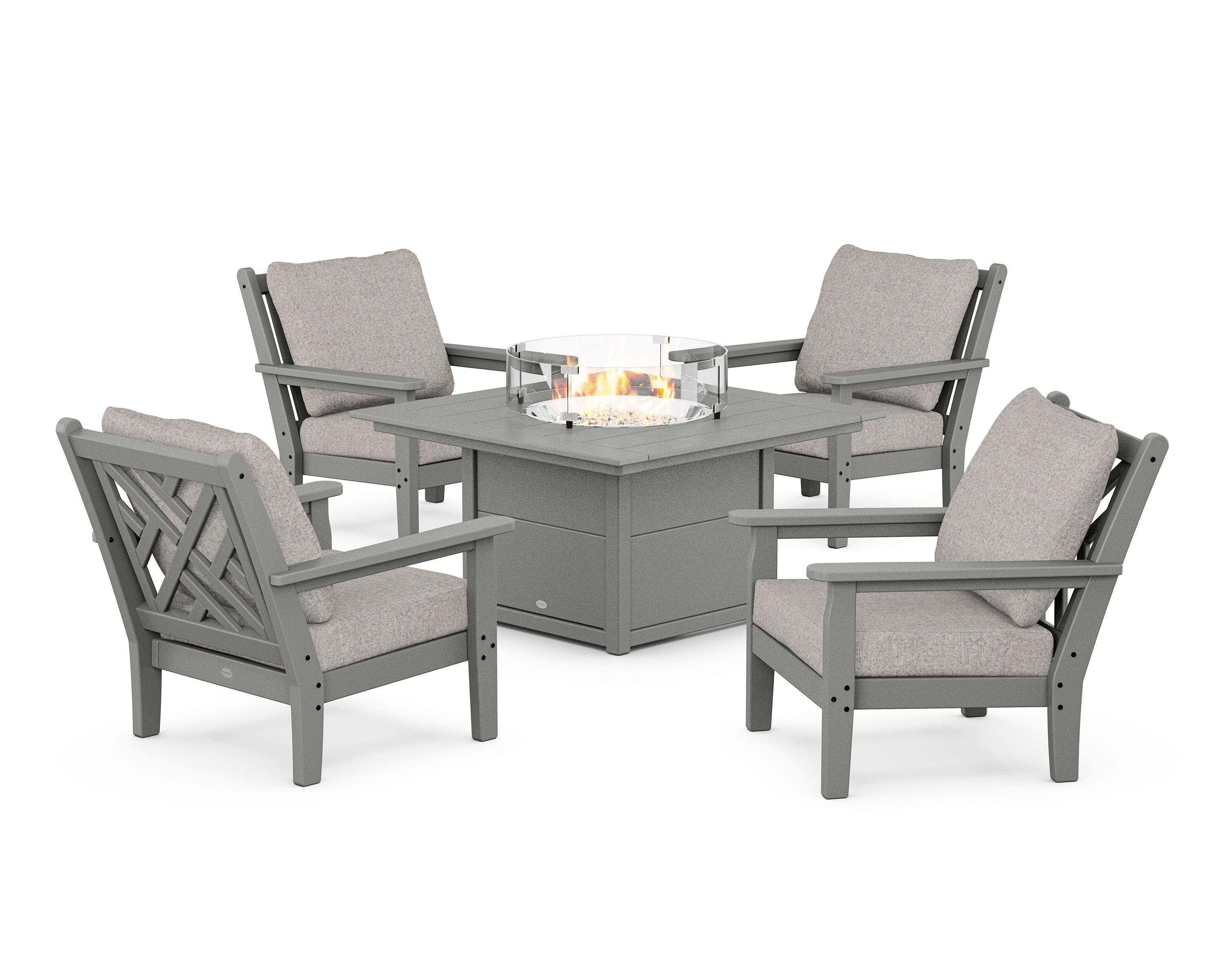 POLYWOOD Chippendale 5-Piece Deep Seating Set with Fire Pit Table in Slate Grey / Weathered Tweed