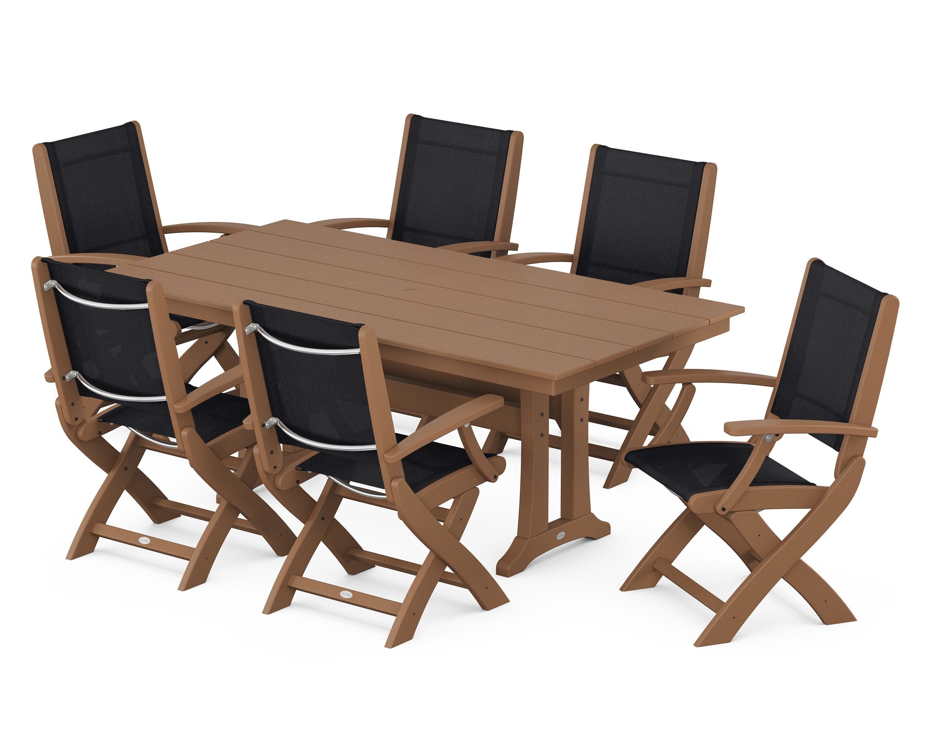POLYWOOD Coastal Folding Arm Chair 7-Piece Farmhouse Dining Set with Trestle Legs in Teak / Black Sling