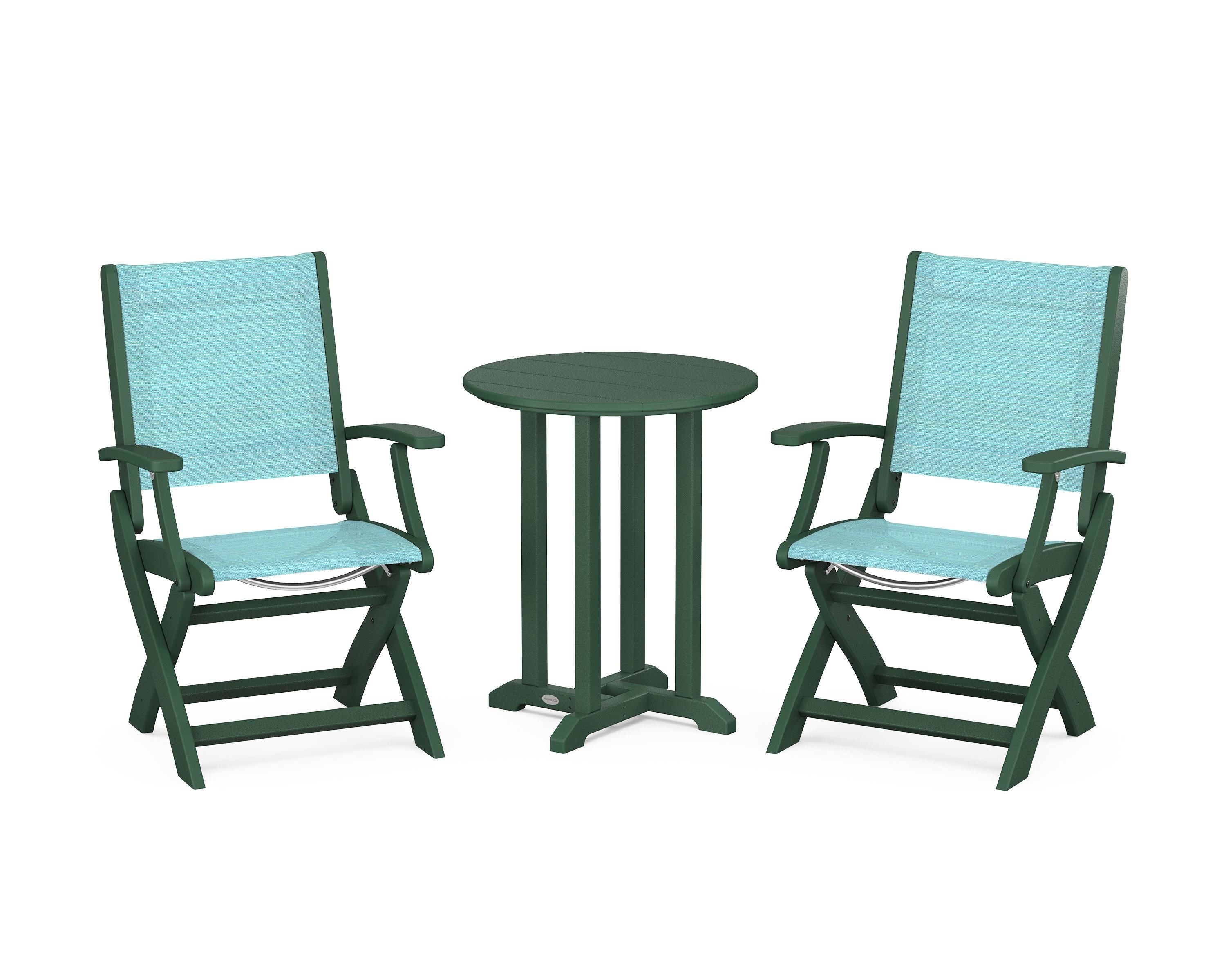 POLYWOOD Coastal Folding 3-Piece Round Bistro Dining Set in Green / Dupioni Aquamarine Sling
