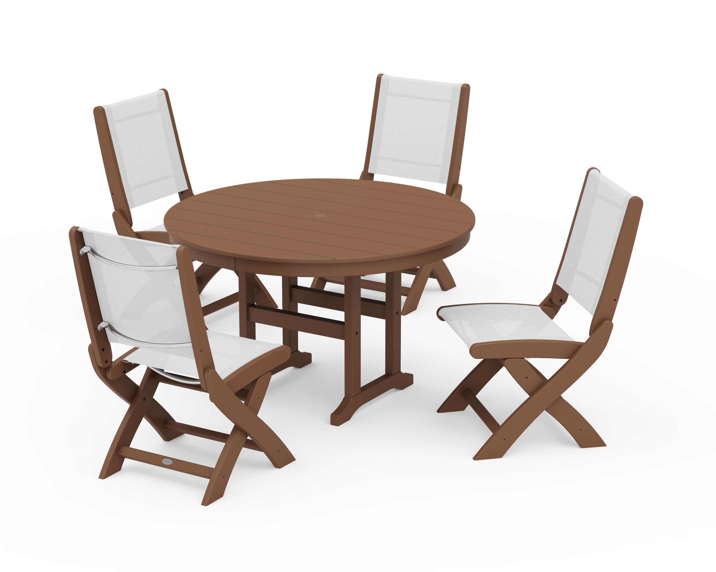 POLYWOOD Coastal Folding Side Chair 5-Piece Round Dining Set in Teak / White Sling