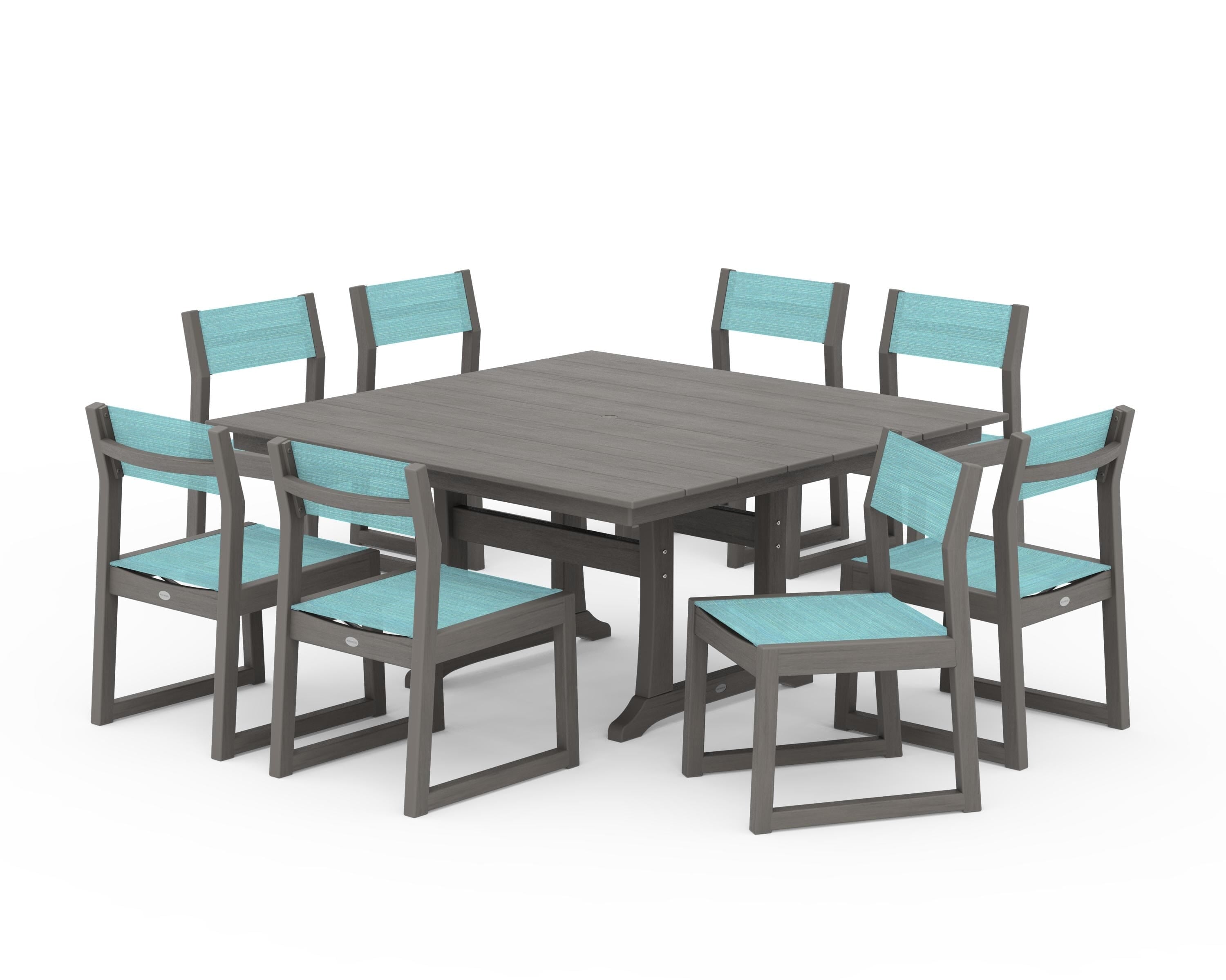 POLYWOOD EDGE Sling Side Chair 9-Piece Farmhouse Trestle Dining Set in Driftwood / Dupioni Aquamarine Sling