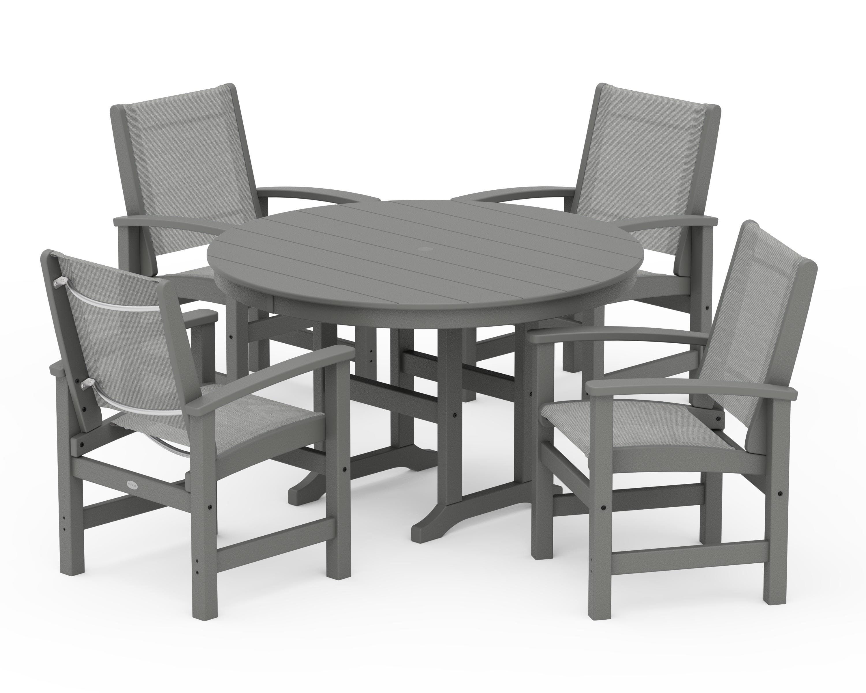 POLYWOOD Coastal 5-Piece Round Farmhouse Dining Set in Slate Grey / Metallic Sling
