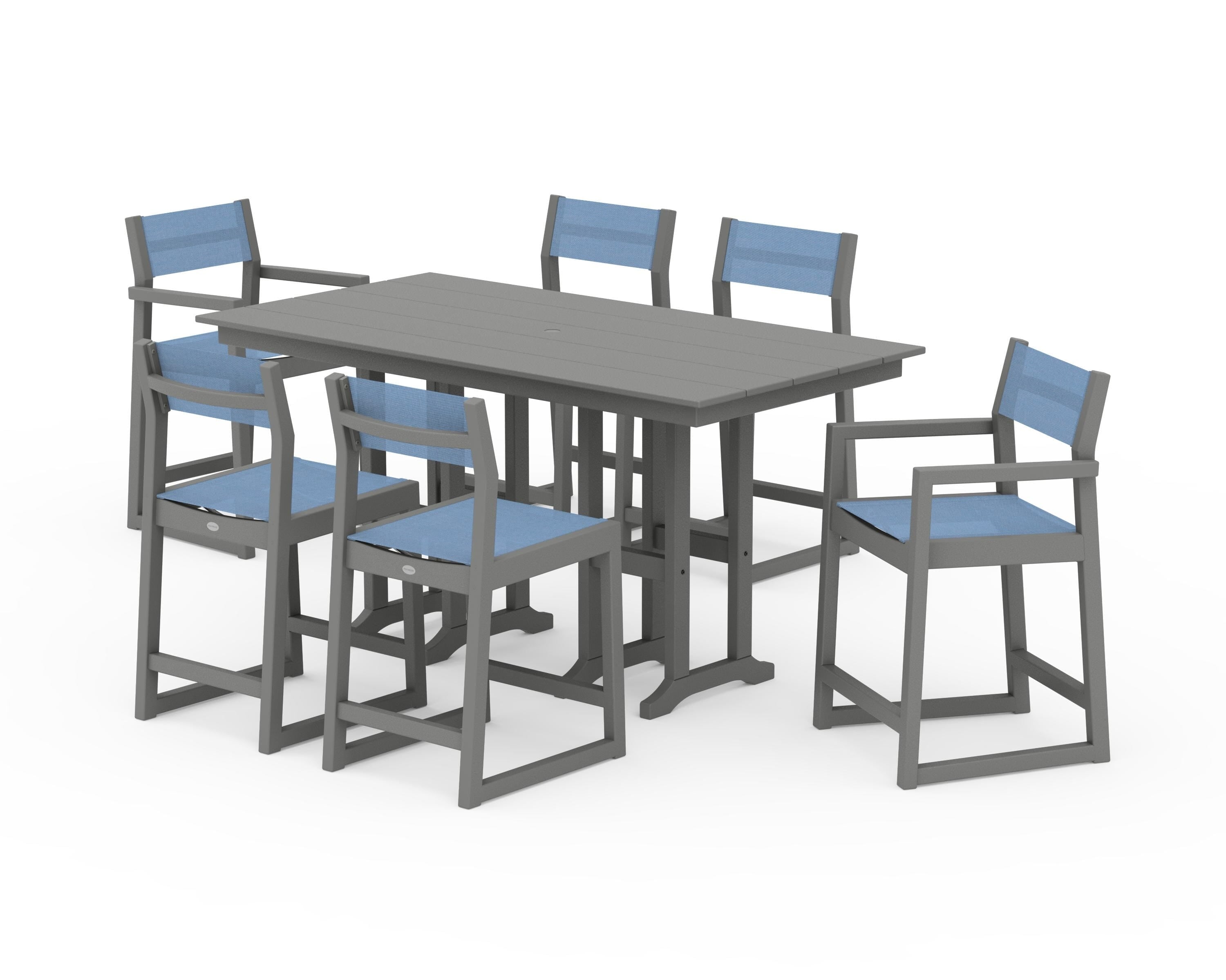 POLYWOOD EDGE Sling 7-Piece Farmhouse Counter Set with Trestle Legs in Slate Grey / Poolside Sling