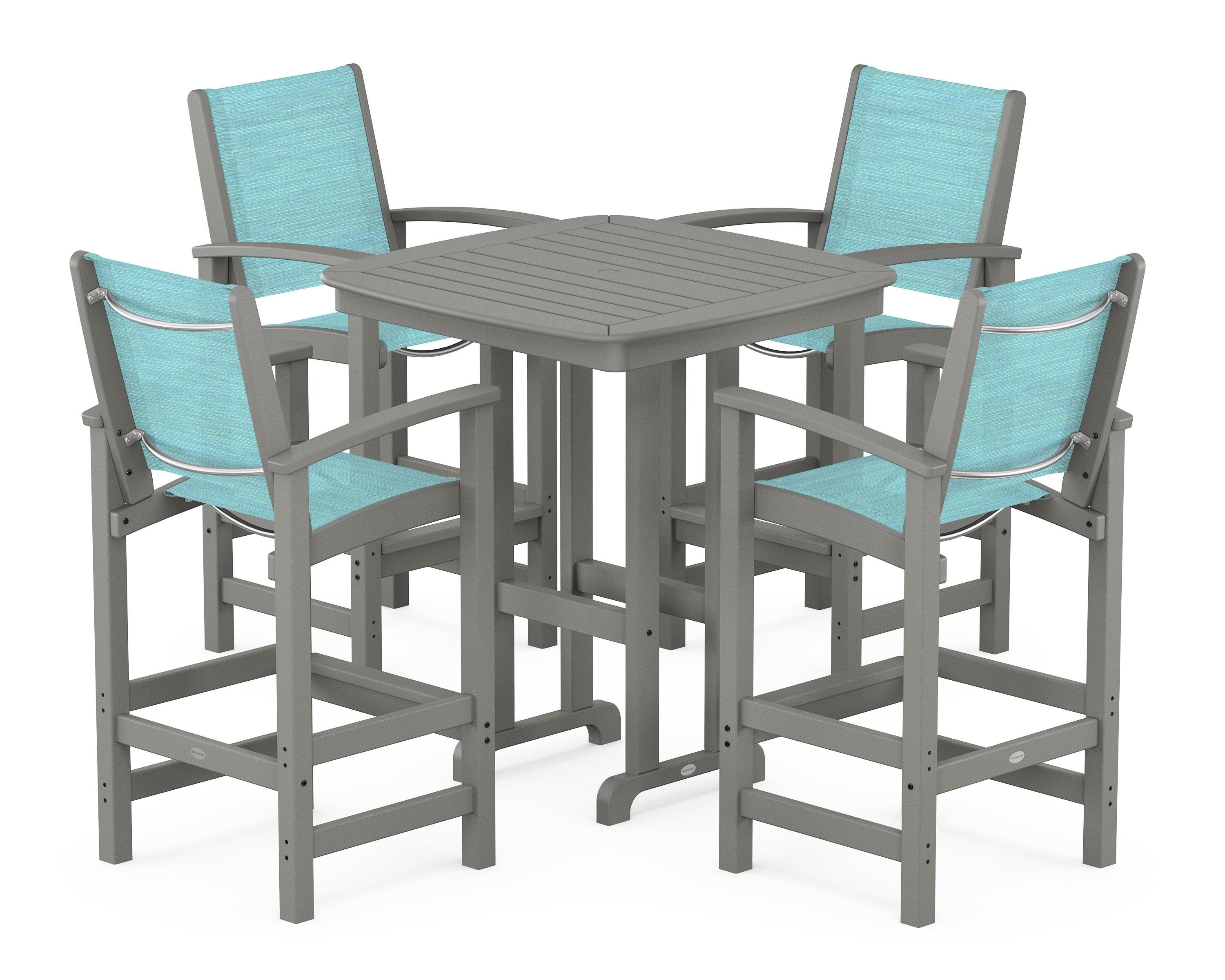 POLYWOOD Coastal 5-Piece Bar Set in Slate Grey / Dupioni Aquamarine Sling