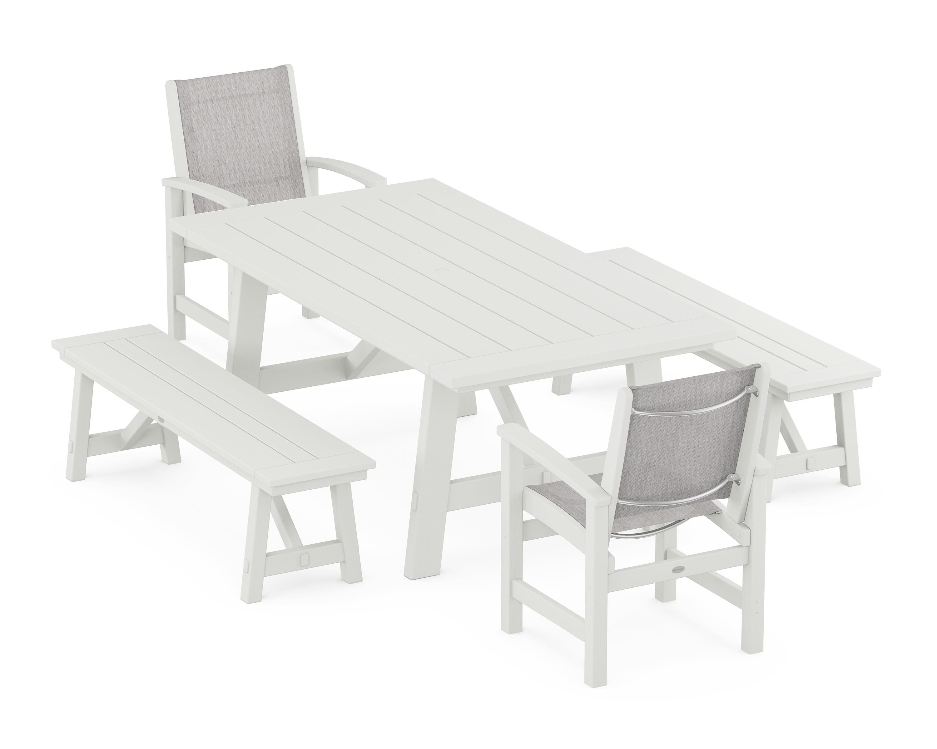POLYWOOD Coastal 5-Piece Rustic Farmhouse Dining Set With Benches in Vintage White / Parchment Sling
