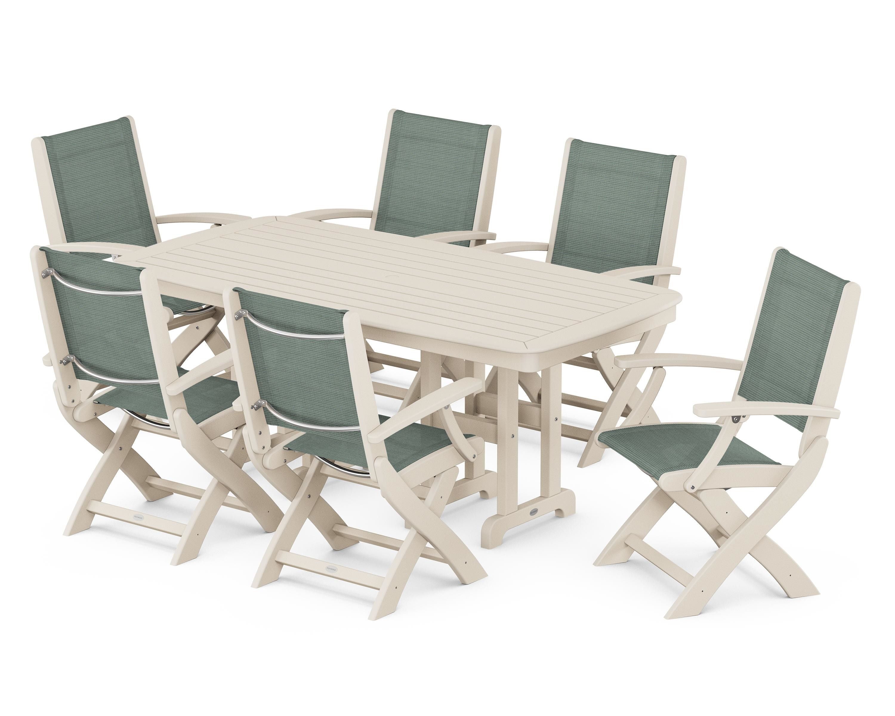 POLYWOOD Coastal Folding Arm Chair 7-Piece Dining Set in Sand / Dupioni Sea Mist Sling