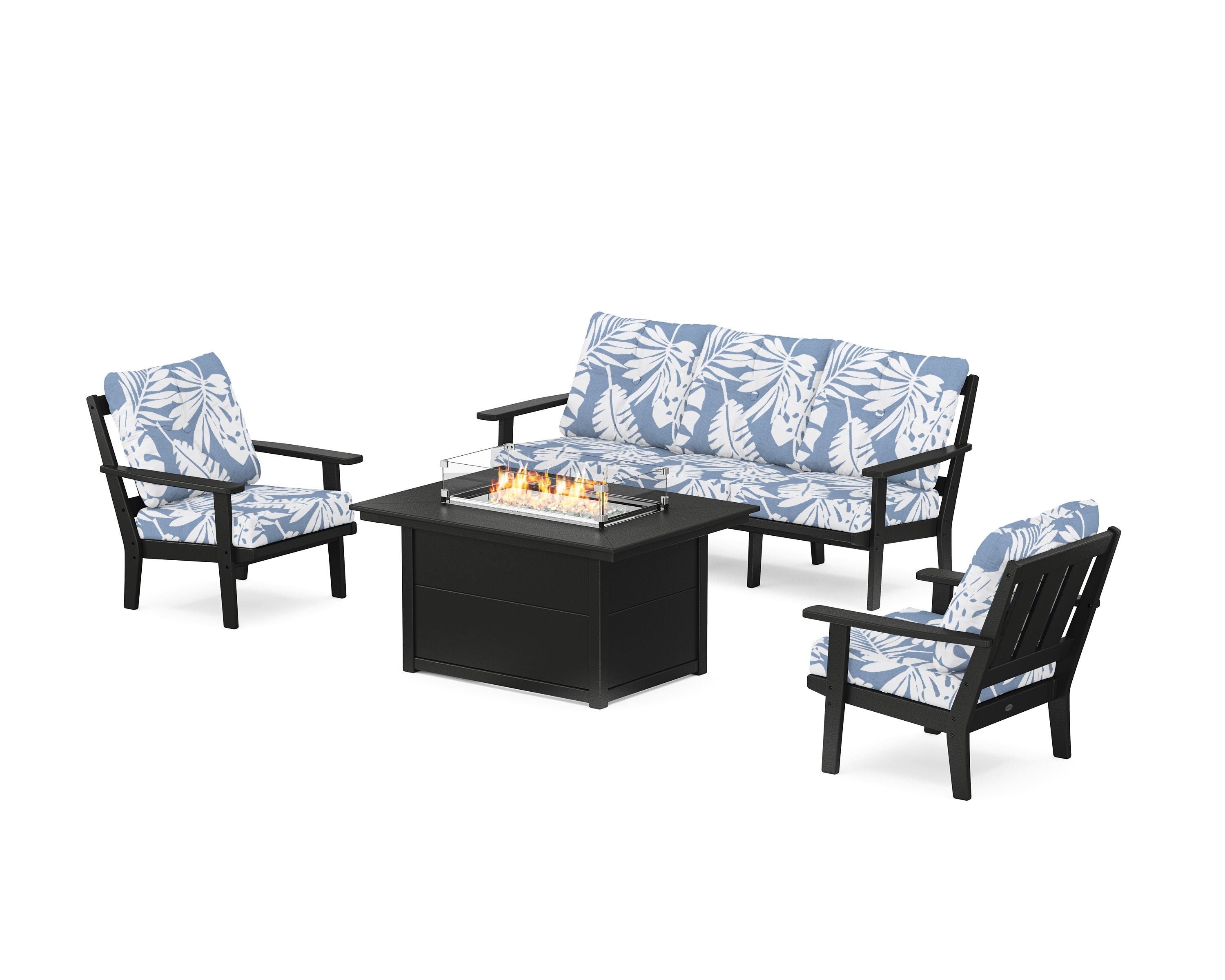POLYWOOD Oxford Deep Seating Fire Pit Table Set in Black / Leaf Sky Blue