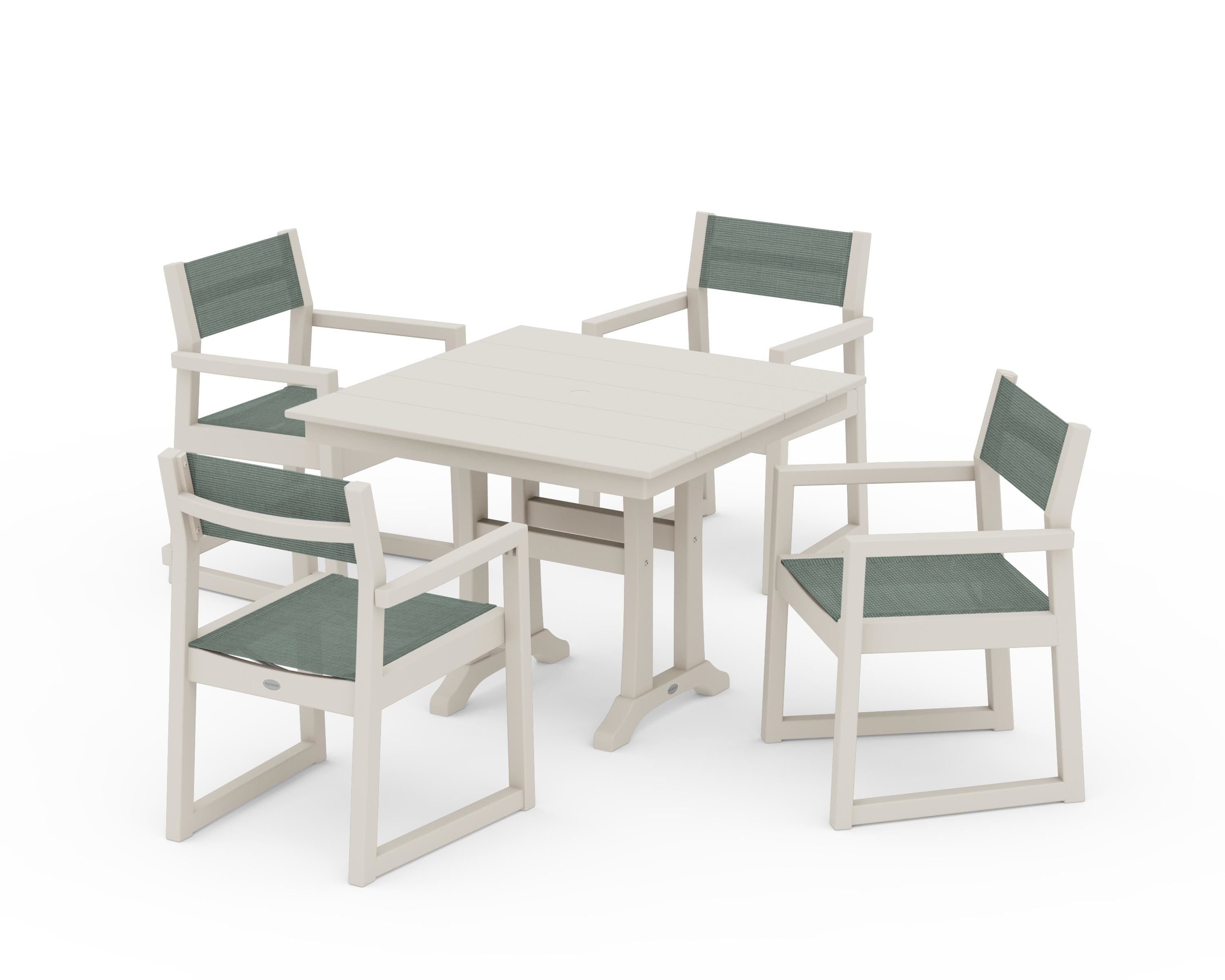 POLYWOOD EDGE Sling 5-Piece Farmhouse Dining Set with Trestle Legs in Sand / Dupioni Sea Mist Sling
