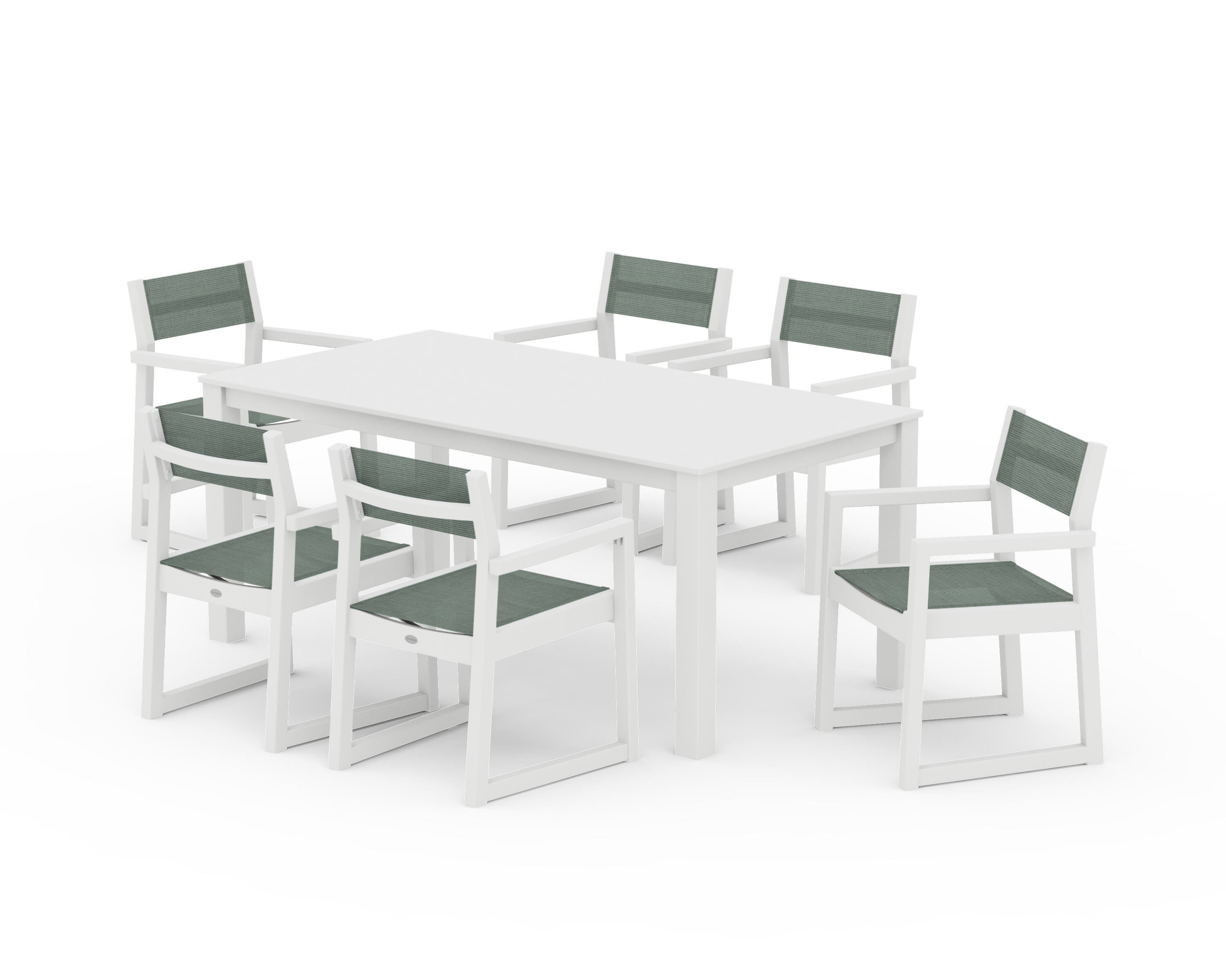 POLYWOOD EDGE Sling Arm Chair 7-Piece Parsons Dining Set in White / Dupioni Sea Mist Sling