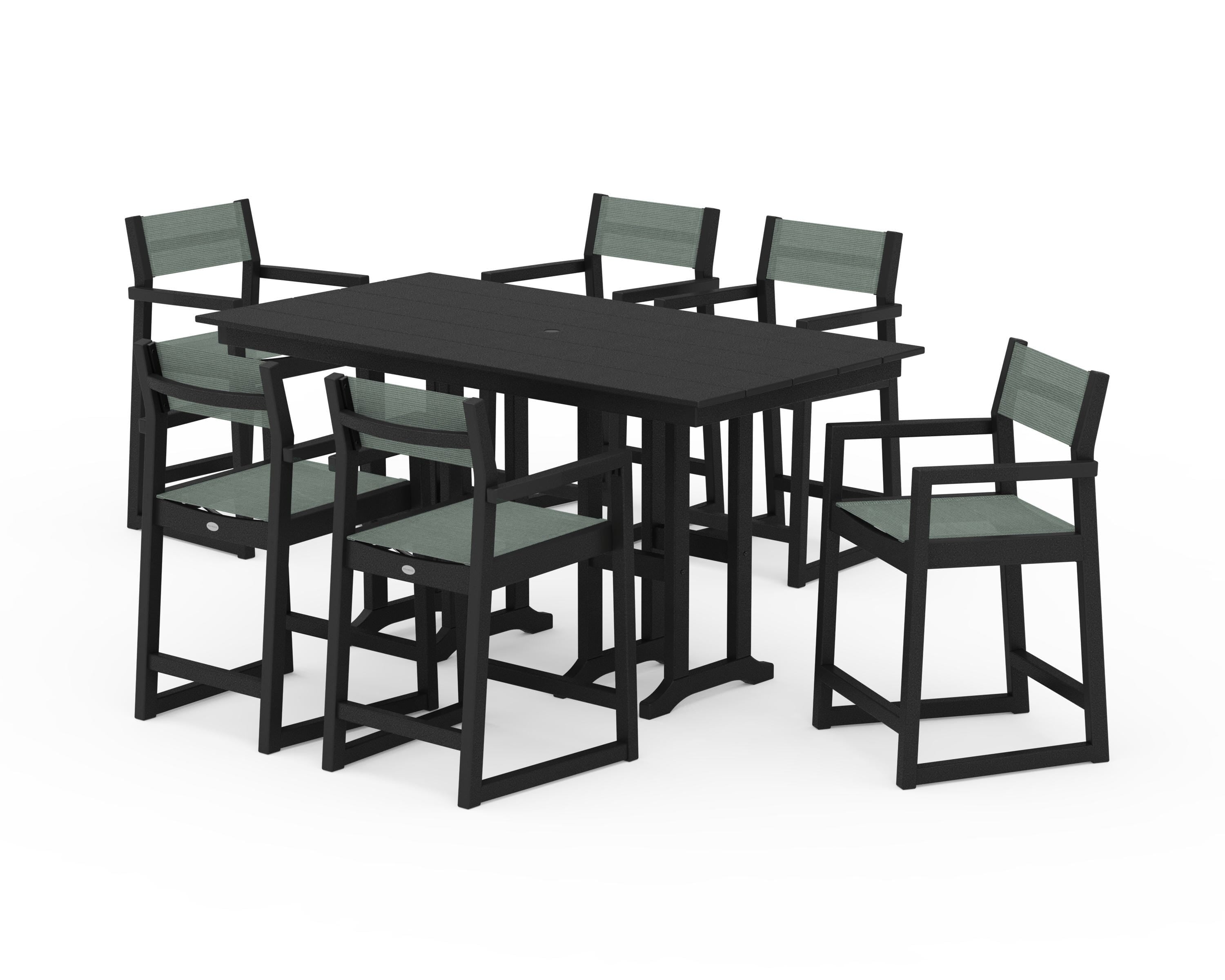 POLYWOOD EDGE Sling Arm Chair 7-Piece Farmhouse Counter Set in Black / Dupioni Sea Mist Sling