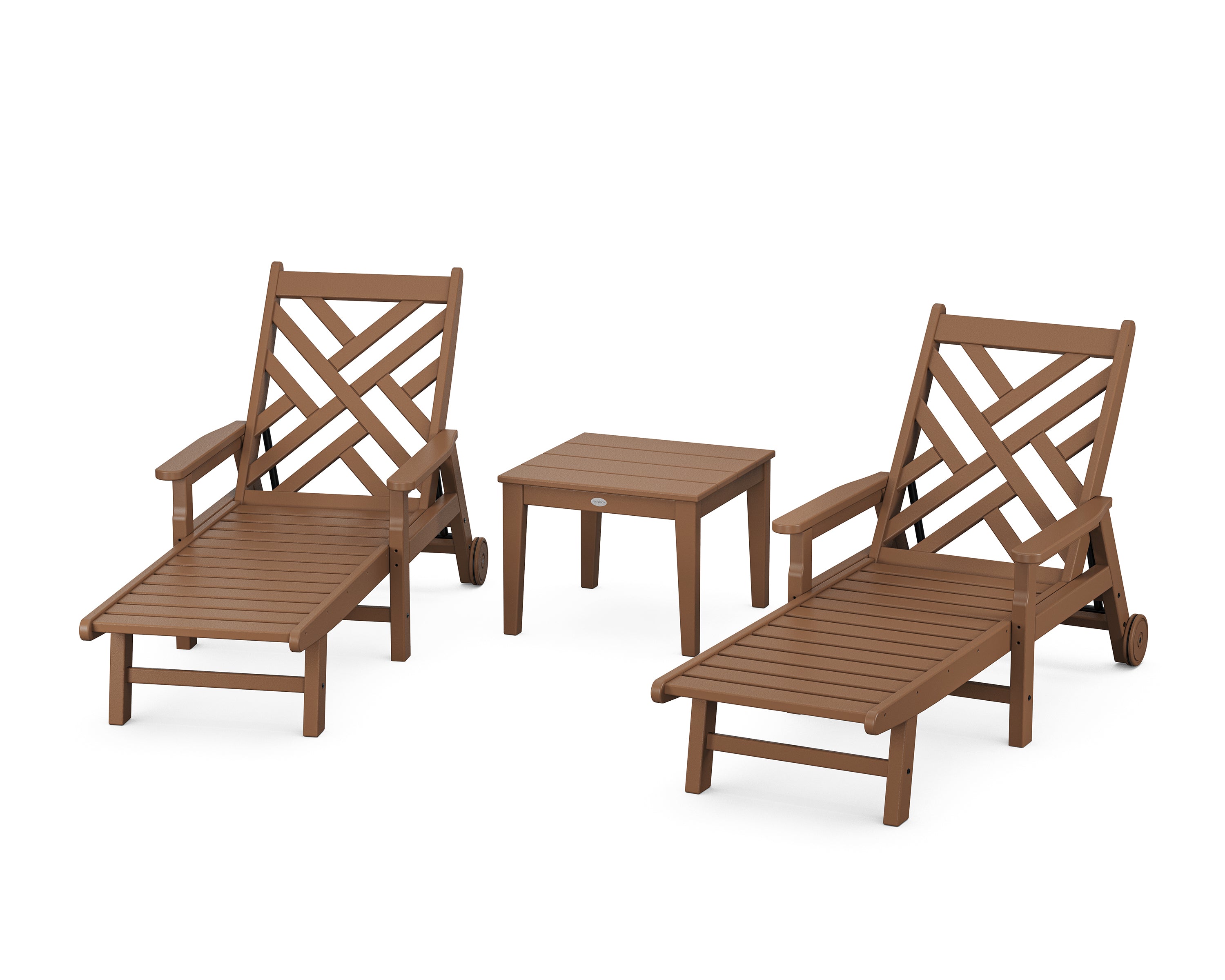 POLYWOOD Chippendale 3-Piece Chaise Set with Arms and Wheels in Teak