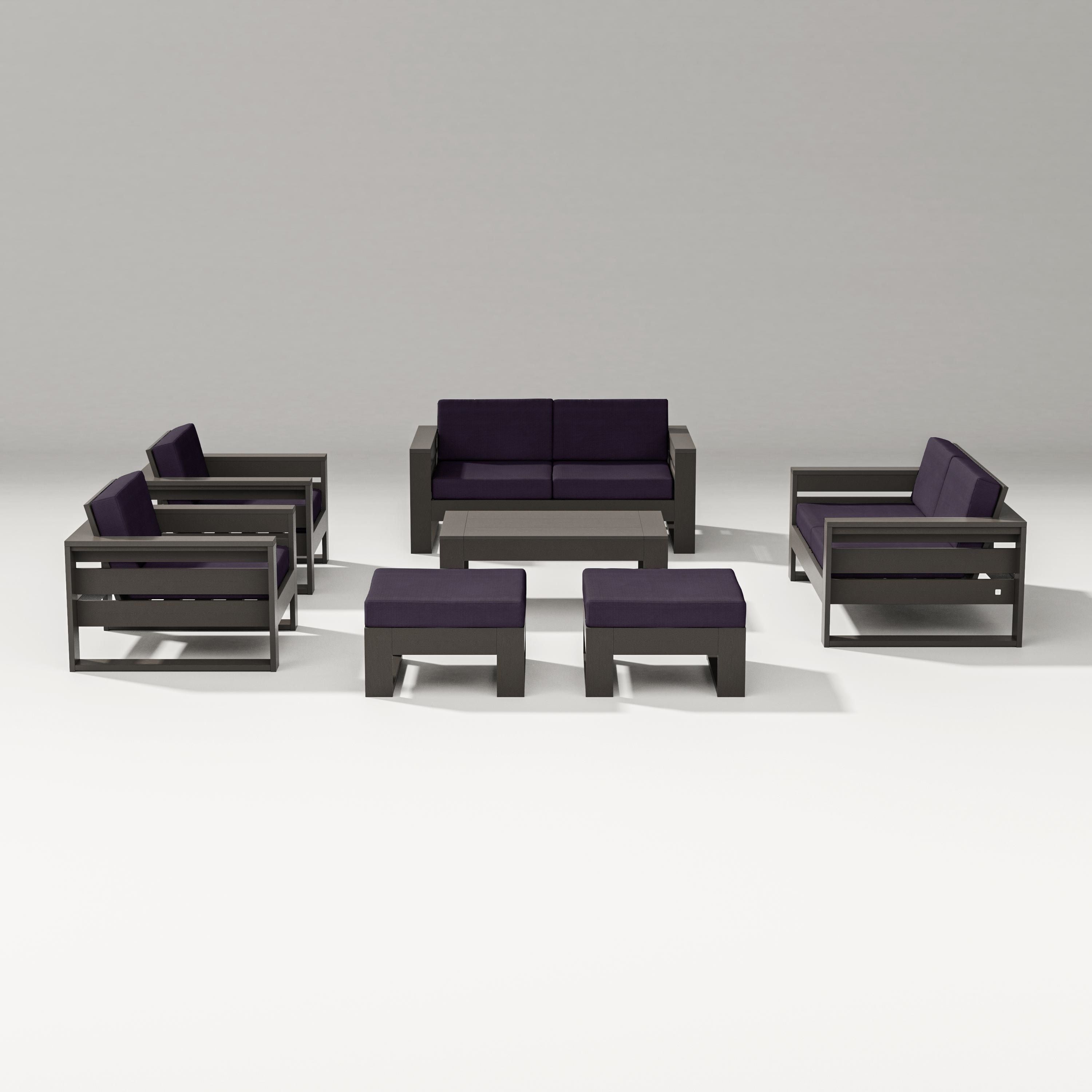 PW Designer Series Latitude 7-Piece Lounge Loveseat Set in Vintage Coffee / Navy Linen