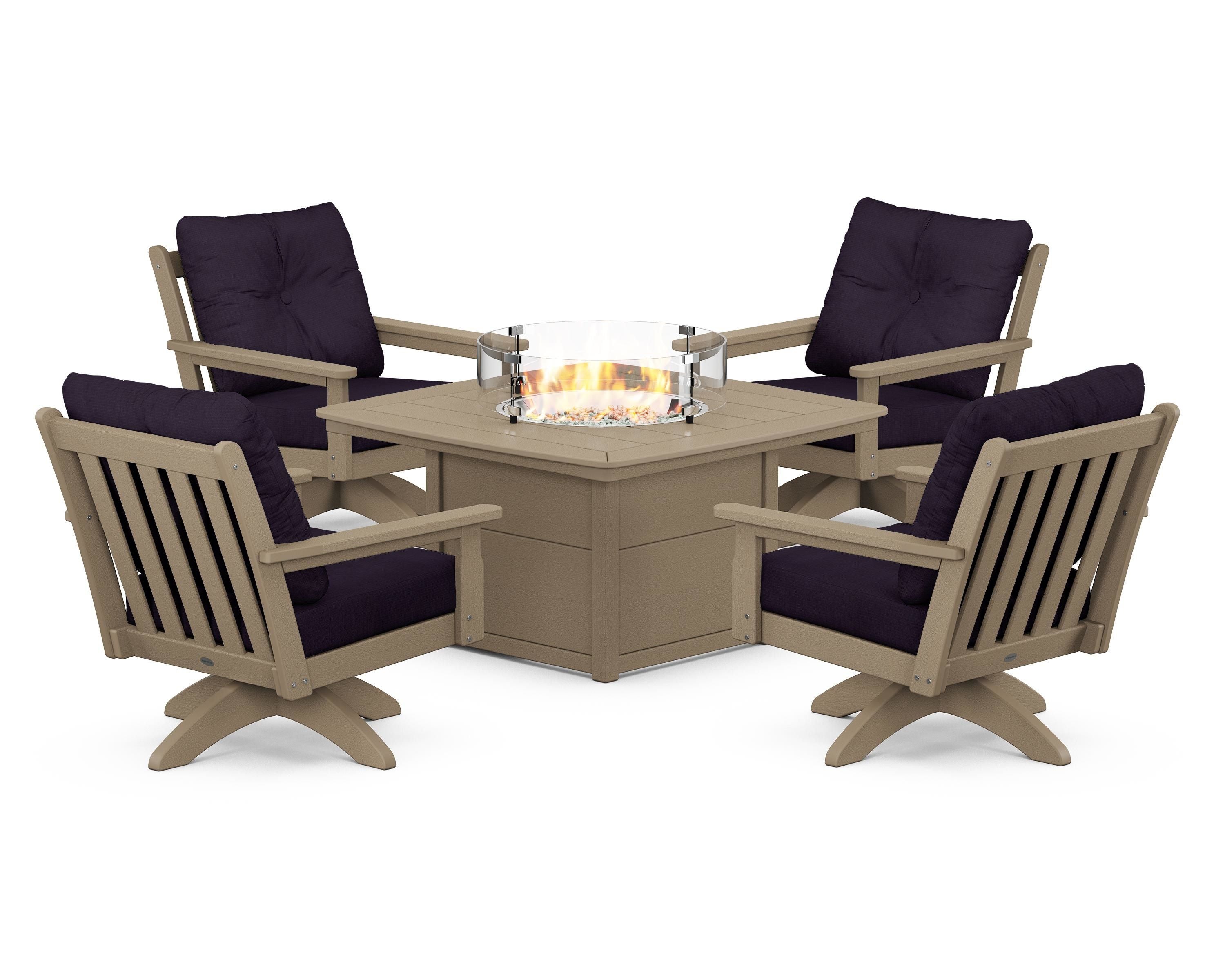POLYWOOD Vineyard 5-Piece Deep Seating Swivel Conversation Set with Fire Pit Table in Vintage Sahara / Navy Linen